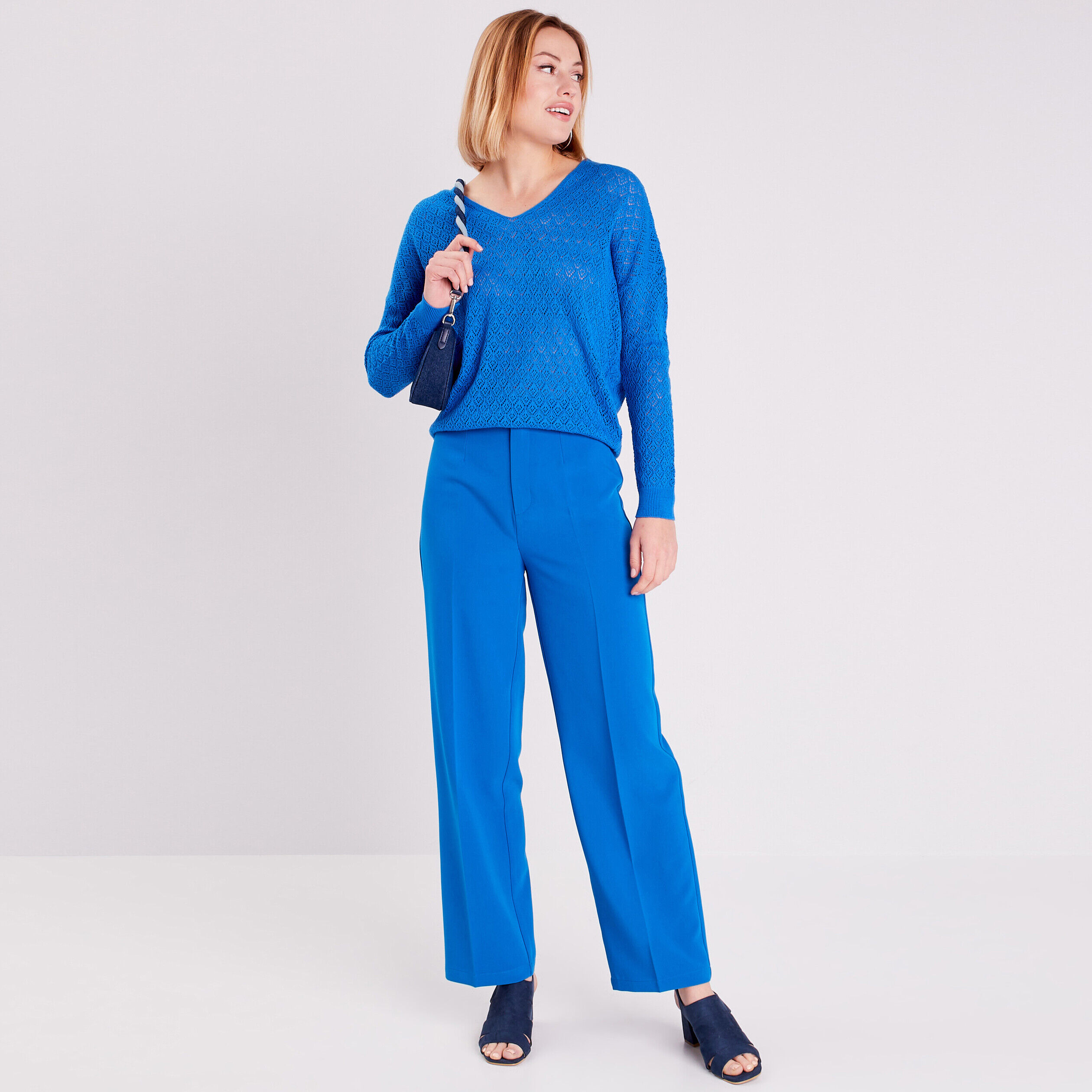 Pull manches longues ajouré bleu femme | Cache Cache