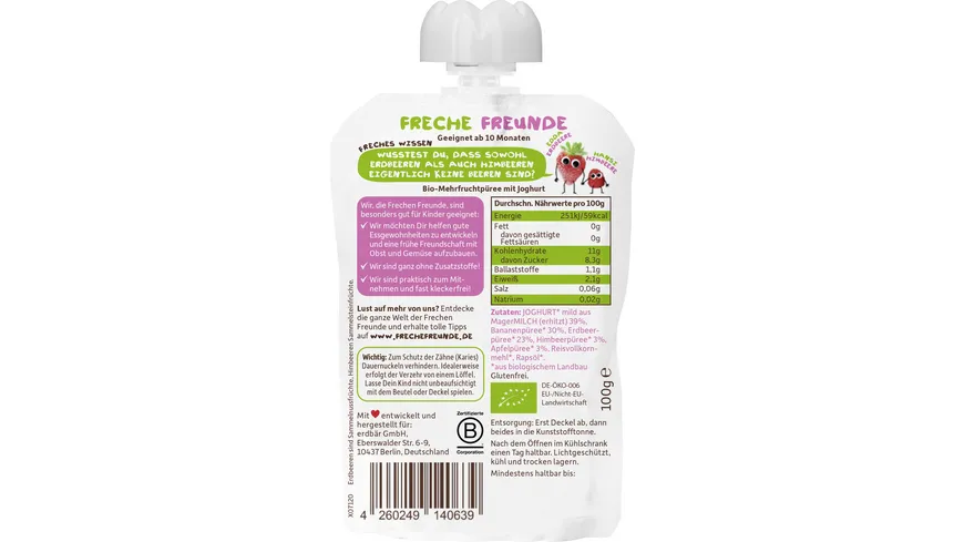 Freche Freunde Bio Quetschie Erdbeere & Himbeere im Joghurt 100 g