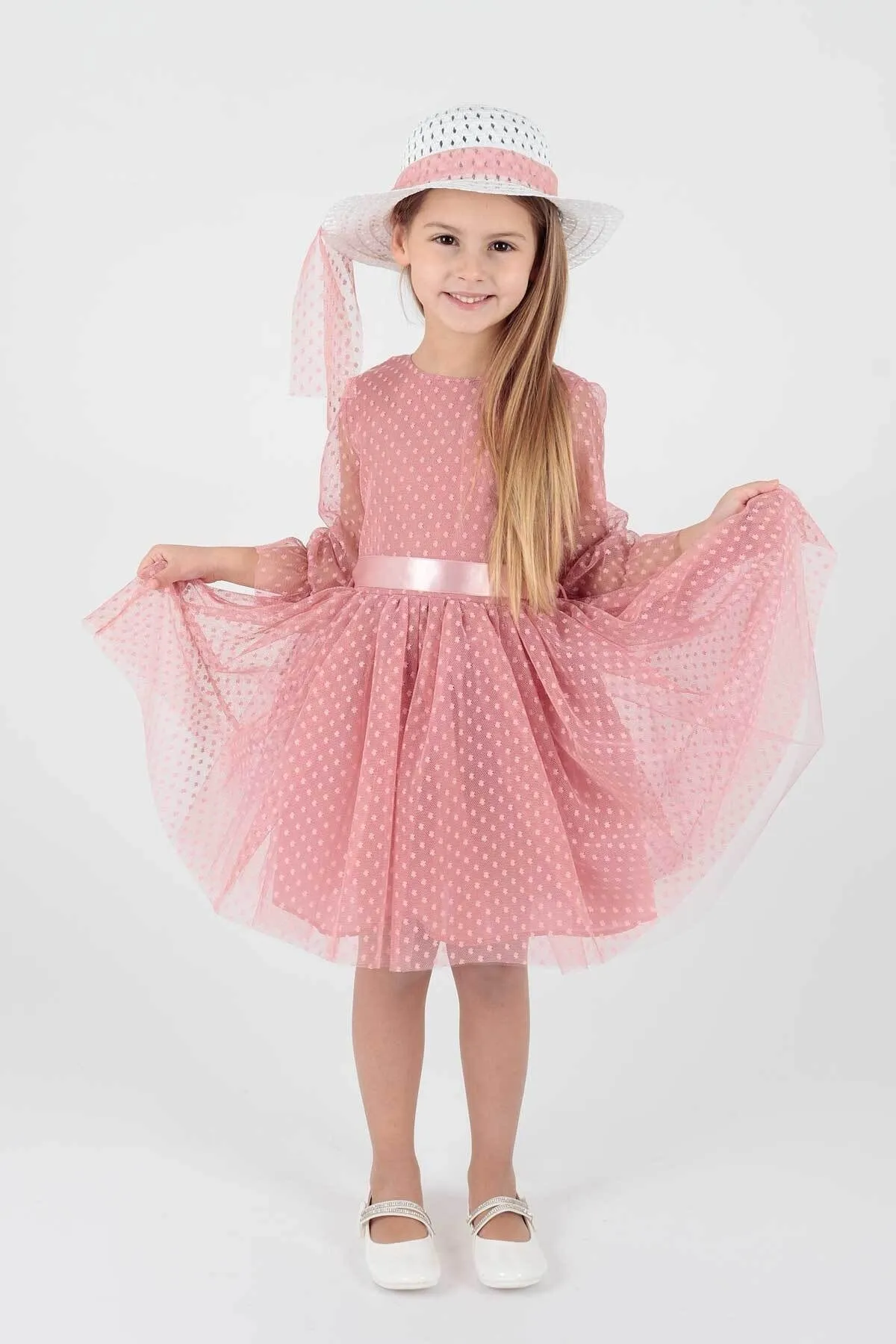 AHENGİM  Trendiges Abendkleid für Mädchen mit Hut und Tüllspitze Ak2228