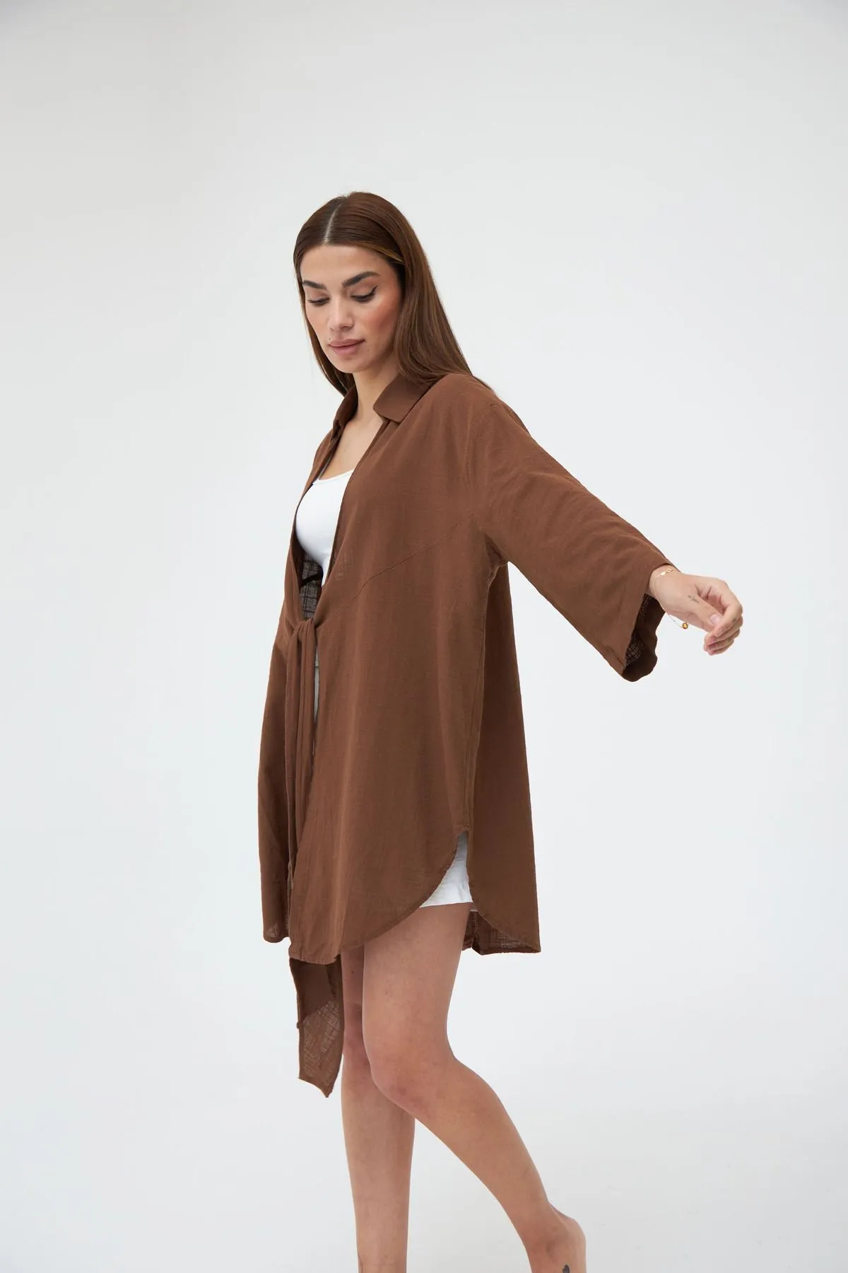 Laluvia  Coffee Flam Leinen-Kimono-Shirt