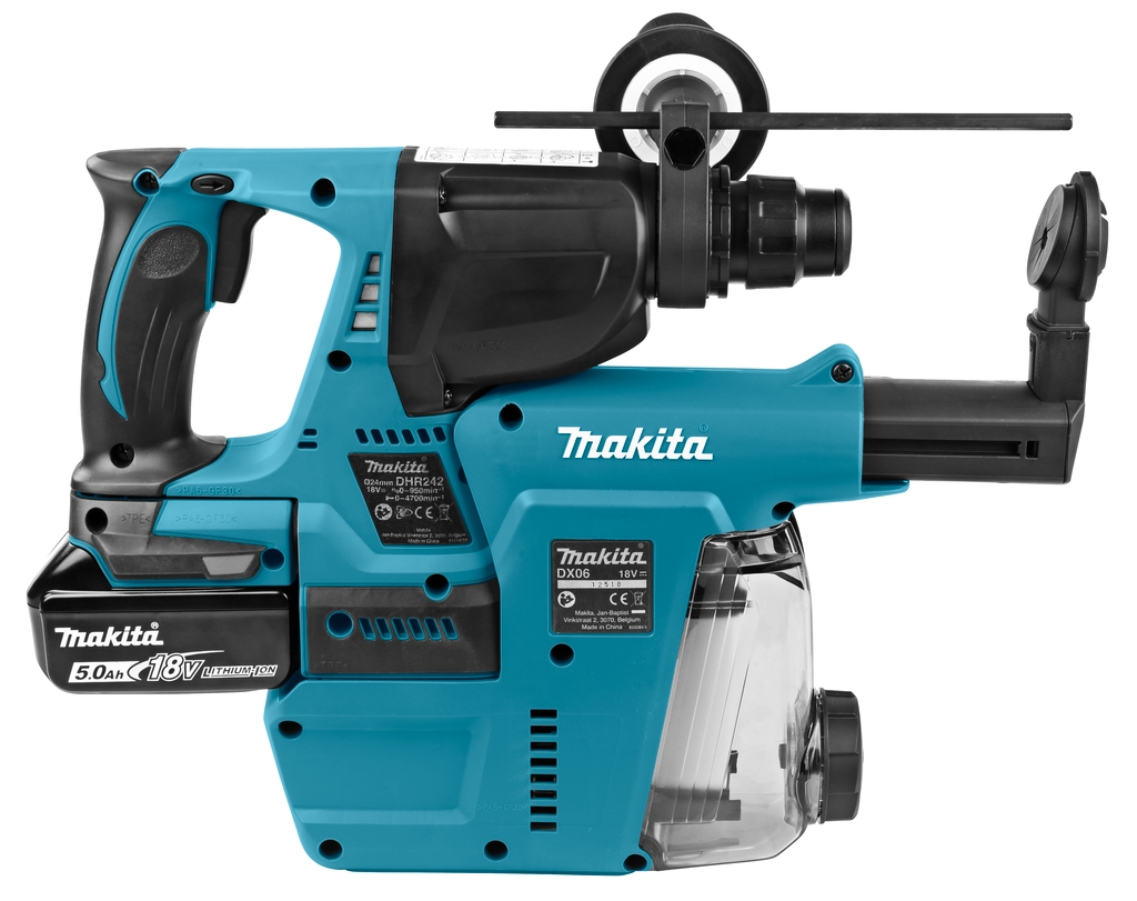 Ciocan percutor Makita DHR242RTJW, 18 volți, 5,0 AH, Li-ion + sistem de extracție a prafului încorporat DX06 cu filtru HEPA