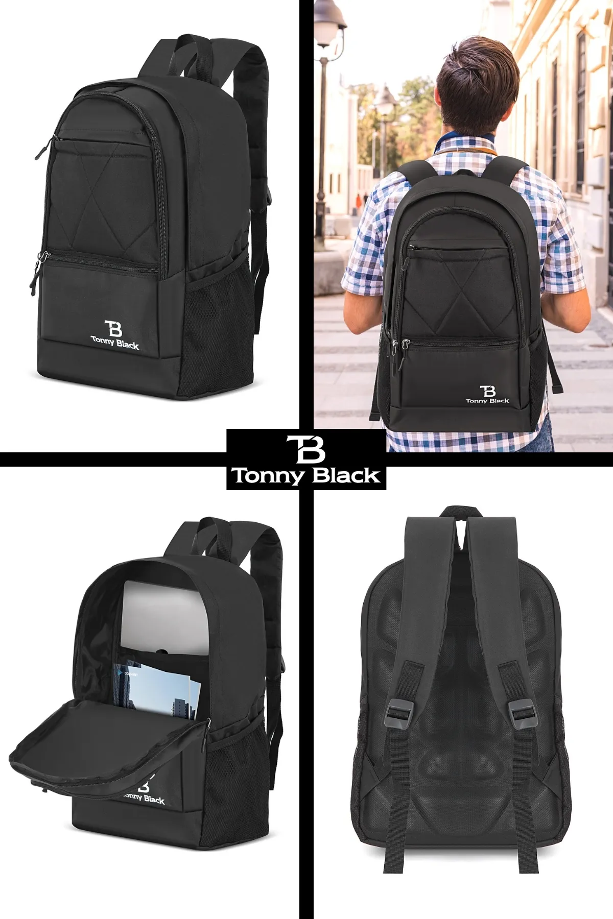 Tonny Black  Original 15,6" Unisex Orthopädischer Rücken gestützter Rucksack mit Laptopfach für Notebook-Computer