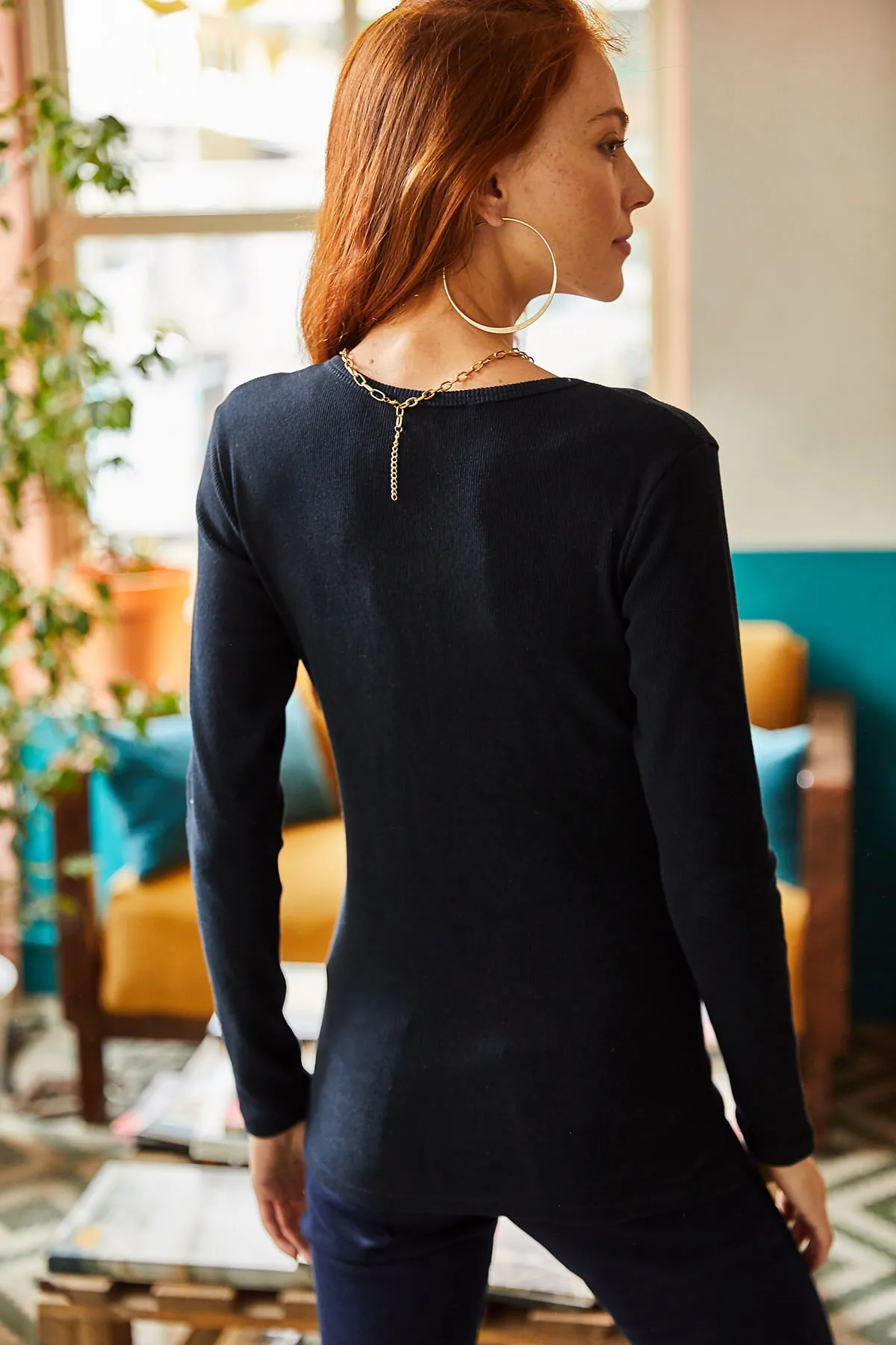 Olalook  Marineblaue karierte Camisole-Bluse für Damen BLZ-19000588
