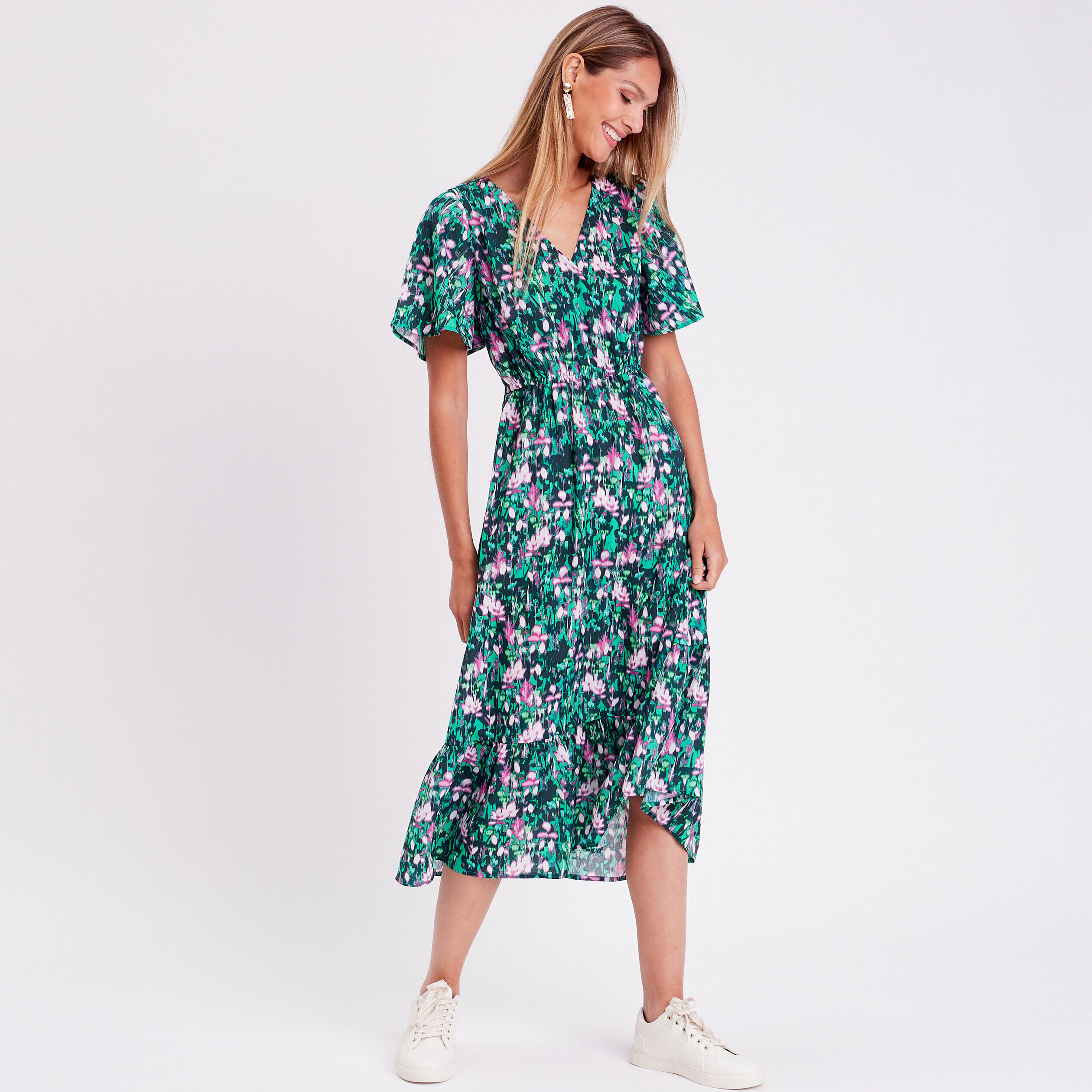 Robe longue évasée dos ouvert vert femme | Cache Cache
