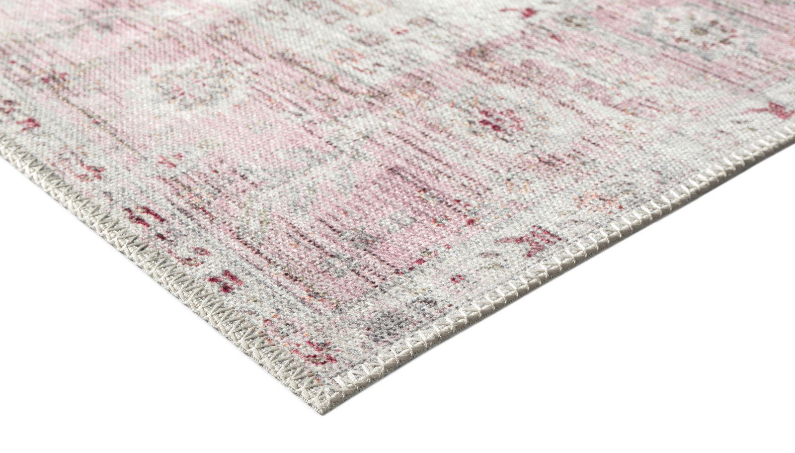 Teppich Odessa Flachgewebe Vintage Design waschbar, TaraCarpet, rechteckig, Höhe: 1 mm, Teppich Bordüre creme rosa Wohnzimmer Schlafzimmer Esszimmer 080x150