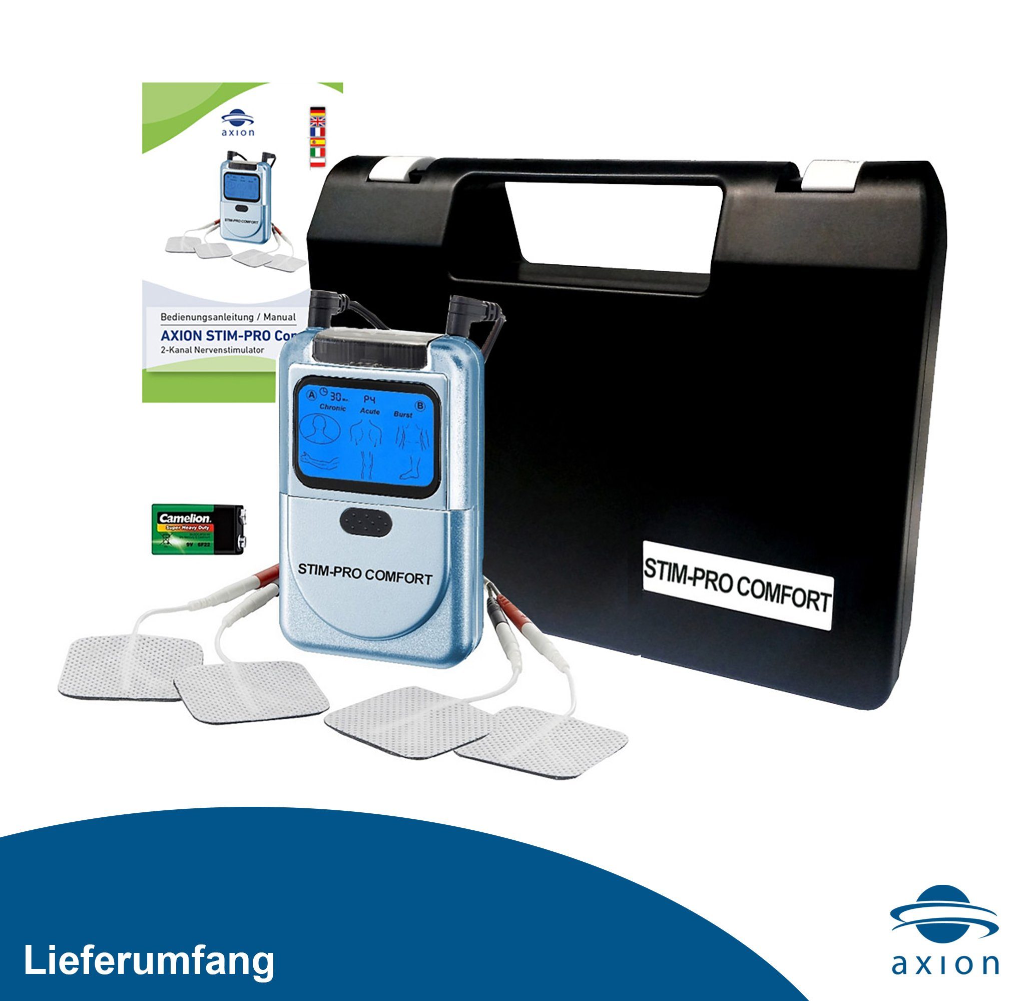 Axion TENS-Gerät 2 Kanal TENS Gerät STIM-PRO COMFORT gegen Schmerzen, (Set), zur Schmerzbehandlung, Schmerztherapiegerät, Reizstrom