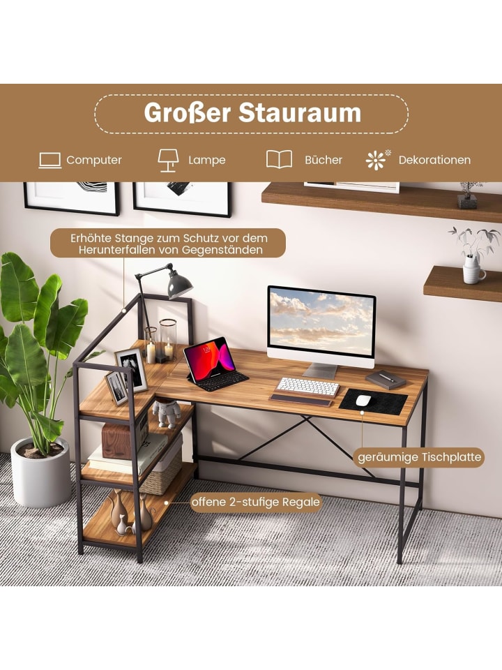 COSTWAY Schreibtisch mit Regalen in Braun günstig kaufen onesize