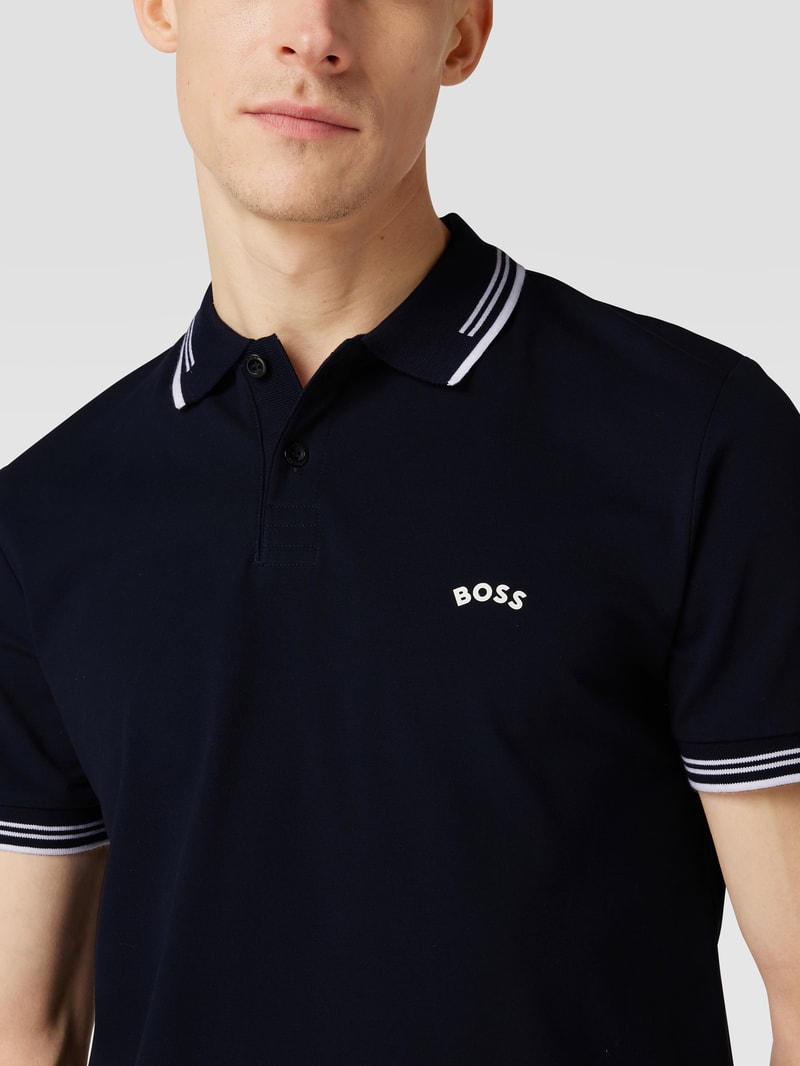 Slim Fit Poloshirt mit Kontraststreifen Modell 'Paul Curved' in dunkelblau