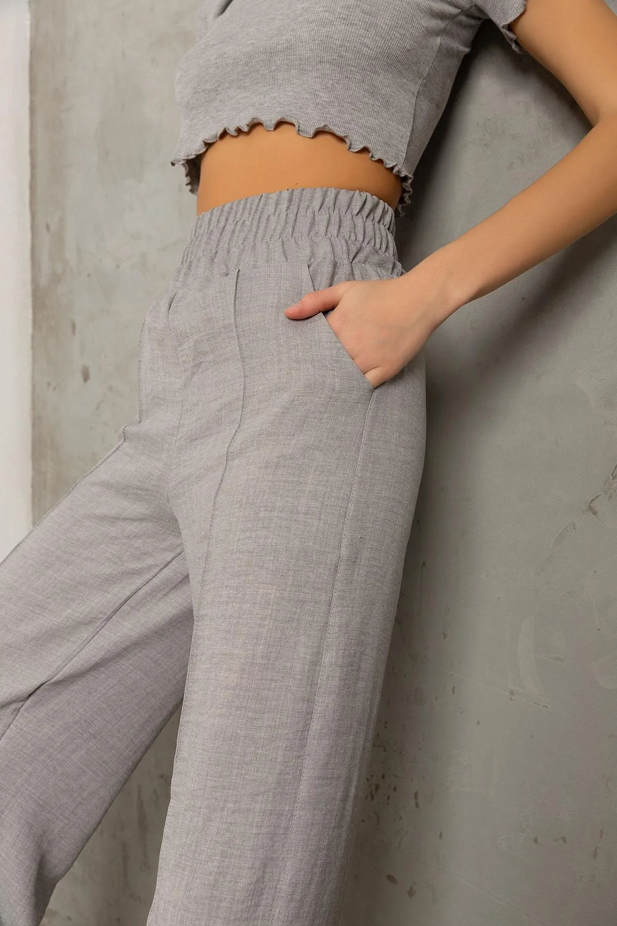 Domoda  Dekorative elastische Taille Weites Bein Doppeltasche Baumwolle Damenhose @Como