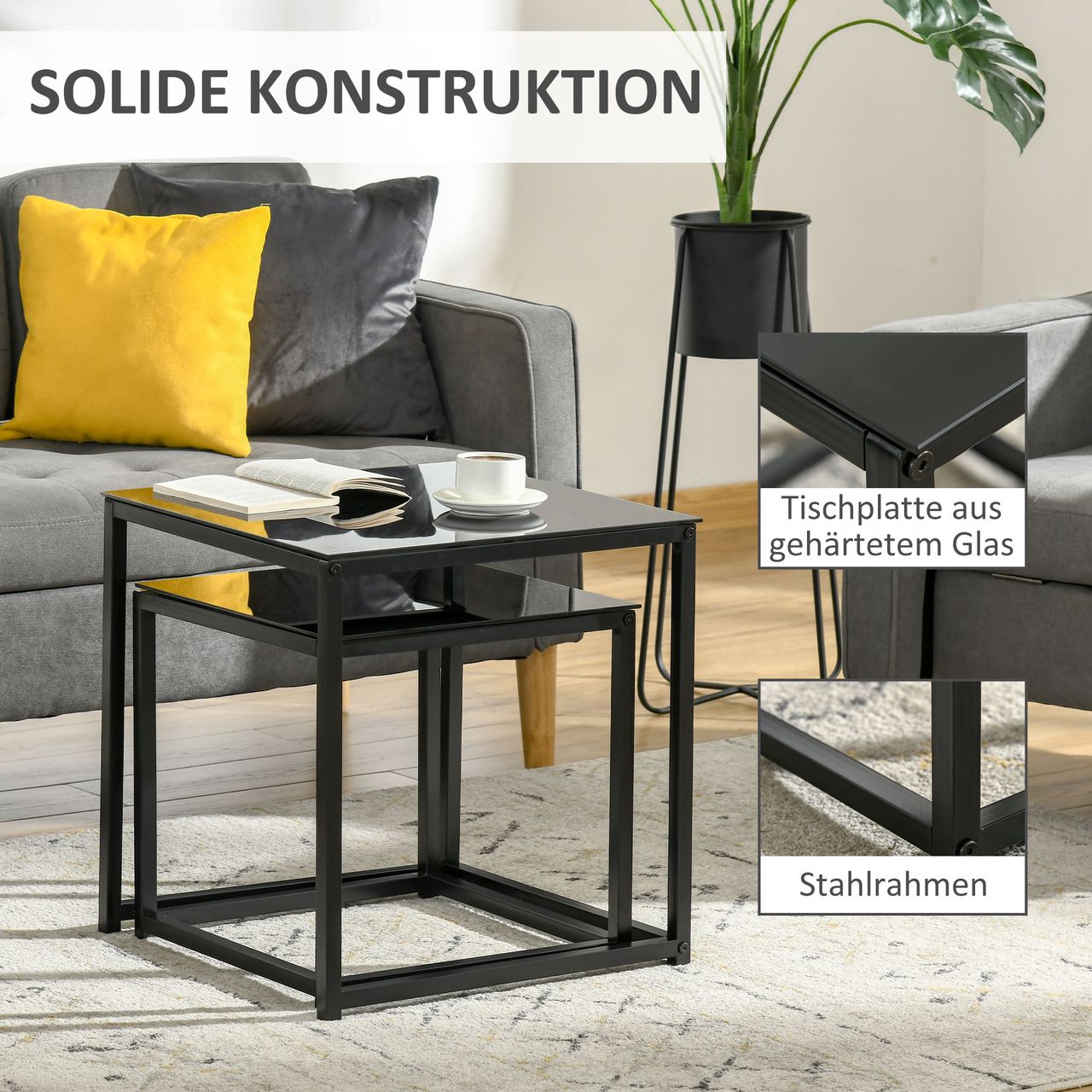 HOMCOM Beistelltisch 2er-Set, Couchtisch-Set, Kaffeetisch mit Glastischplatte