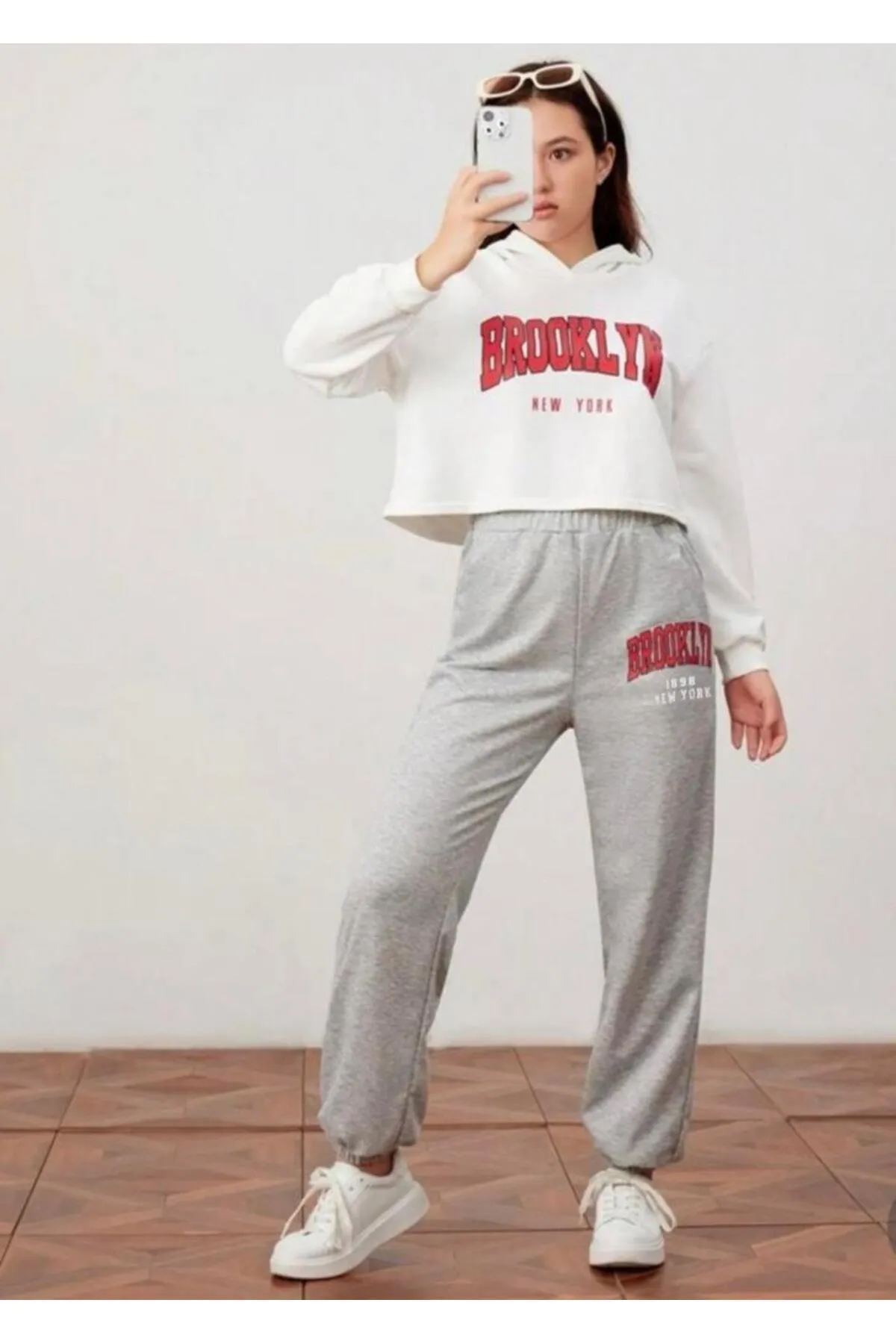 My Blog  Graue Brookyln-bedruckte Damen-Jogginghose mit elastischem Bund und Beinen