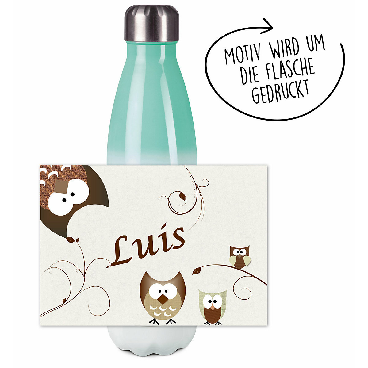 Edelstahl Kinder Thermoflasche / Trinkflasche bunt Eule Farbe beige Spülmaschinenfest, Auslaufsicher, Bruchfest, Doppelwandig, Für Heißgetränke geeignet, Mit Deckel, Isoliert