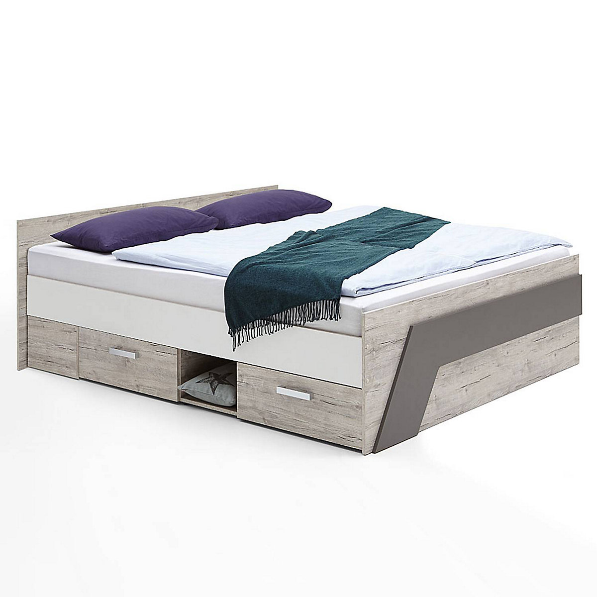Jugendzimmer Komplett-Set mit Bett 140x200 cm mit Kleiderschrank LEEDS-10 in Sandeiche Nb. mit weiß, Lava und Denim Blau
