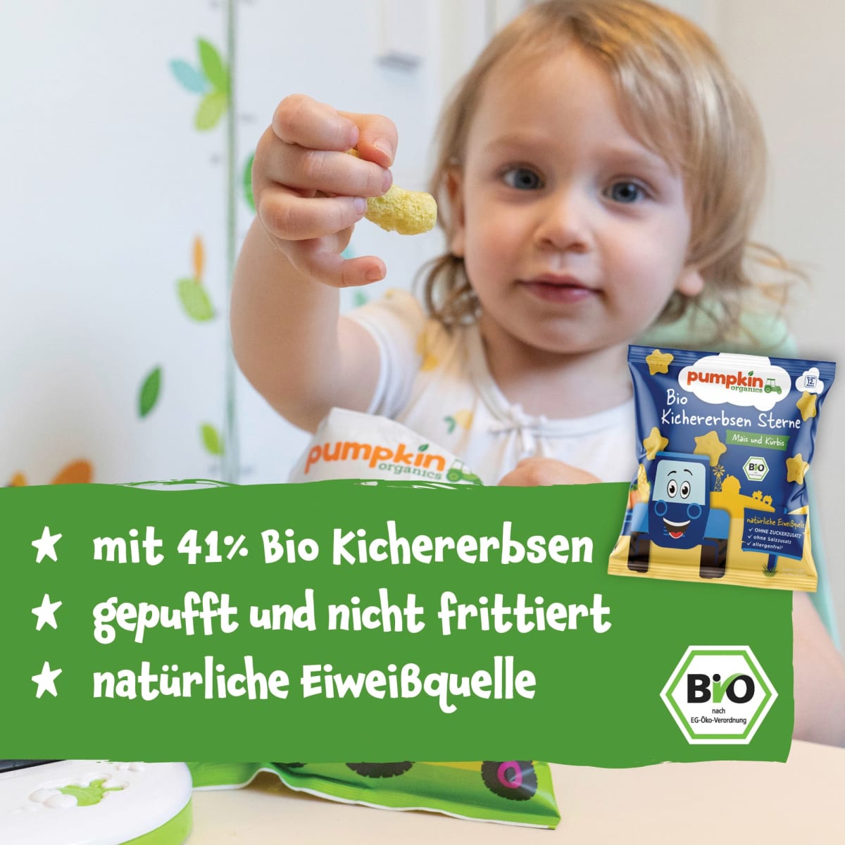 Kindersnack Kichererbsen Sterne mit Mais & Kürbis, ab 12. Monaten, 20 g