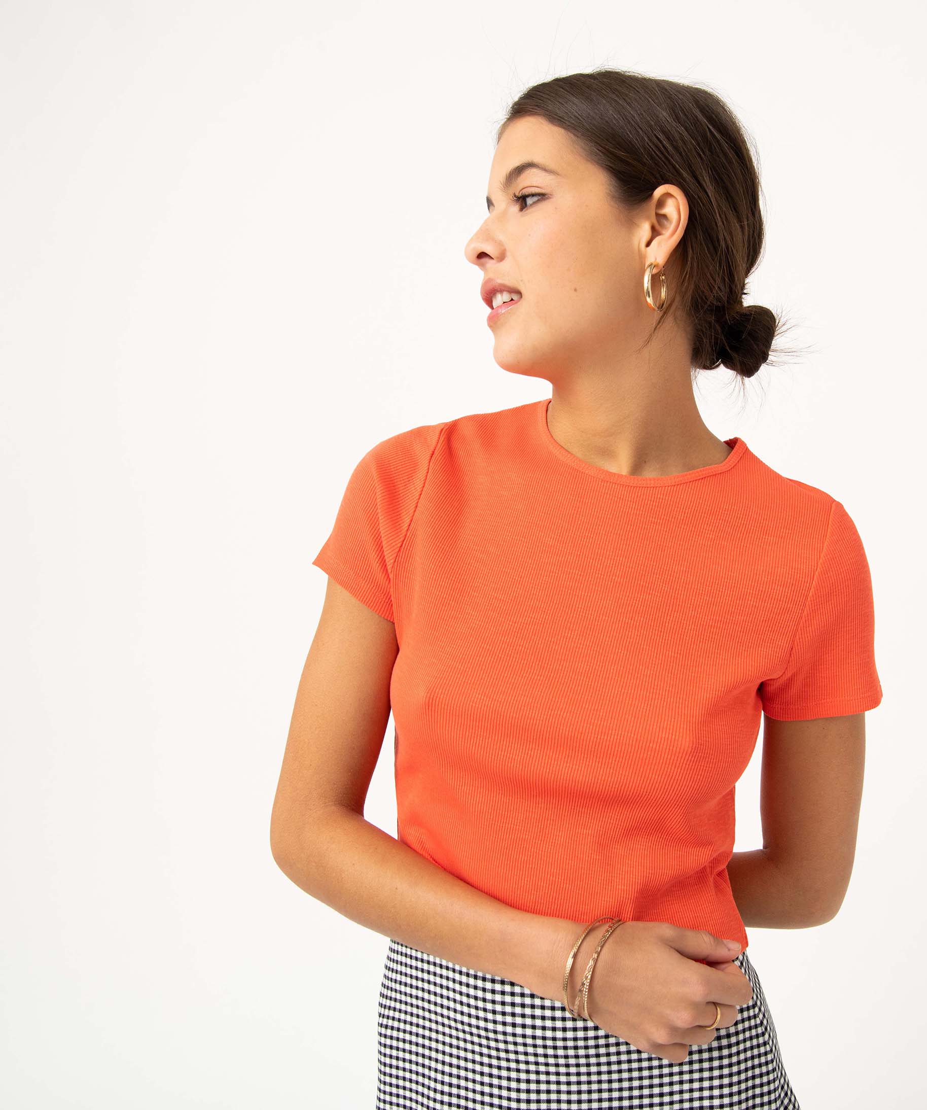 Tee-shirt femme à manches courtes en maille ctelée rouge | GEMO