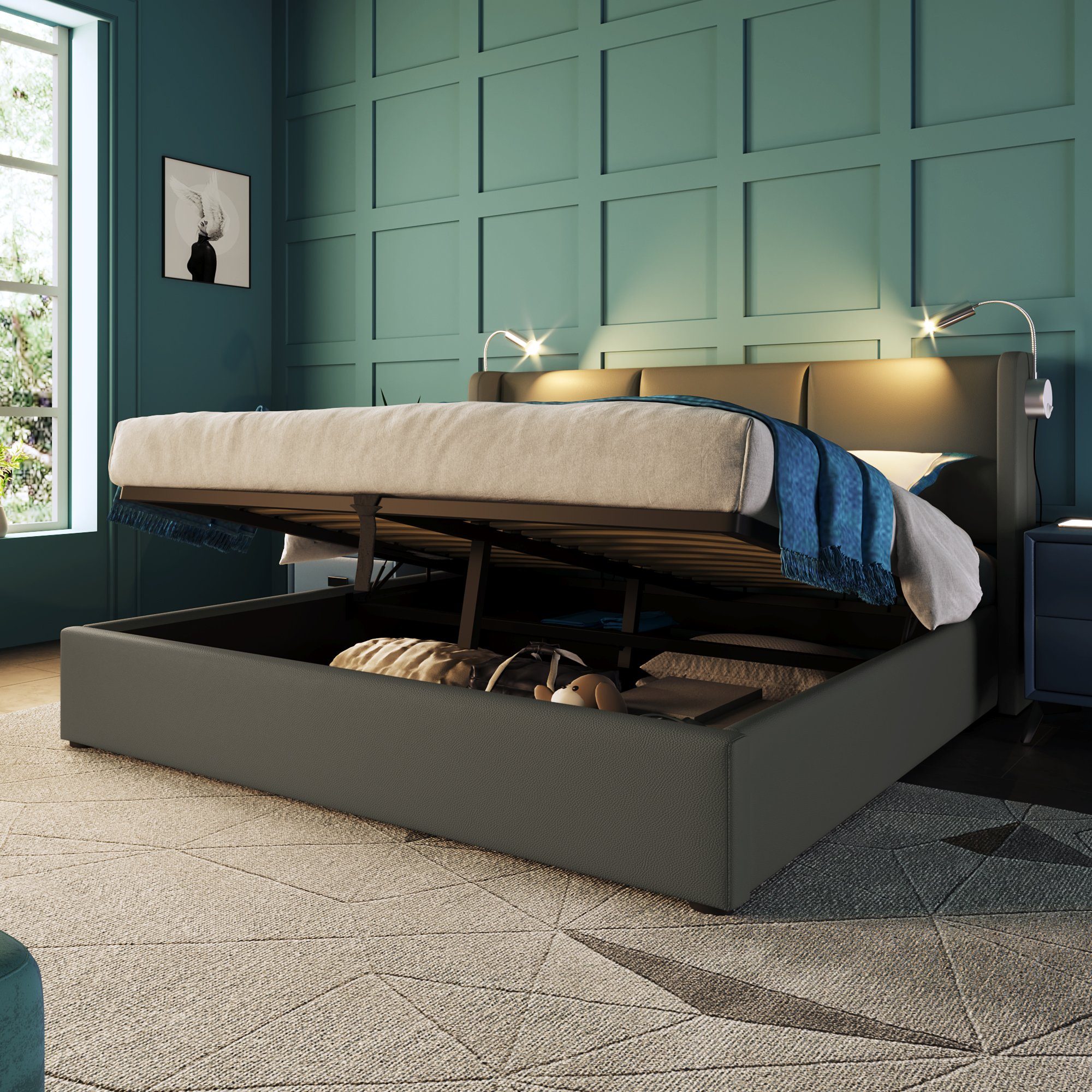 REDOM Polsterbett Doppelbett Stauraumbett Bett (140x200 mit lattenrost(Ohne Matratze), Stauraumbetten Bettgestell PU Jugendbett