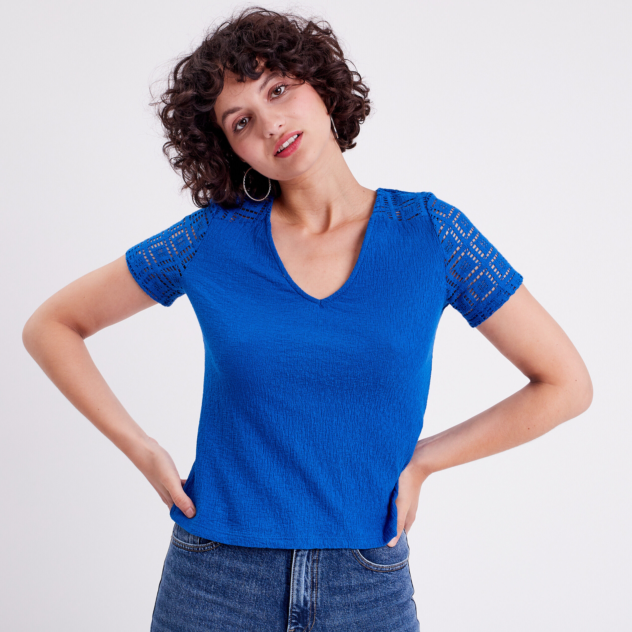 T-shirt col en V bleu roi femme | Cache Cache