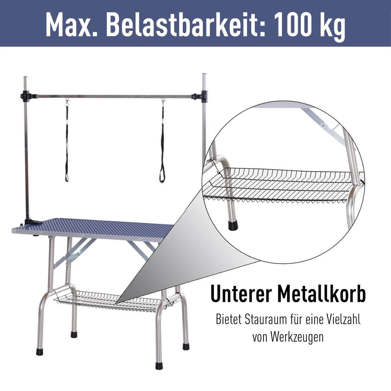 PawHut Trimmtisch Tierpflegetisch Schertisch Pflegetisch mit Unterkorb für Hunde höhenverstellbar klappbar Edelstahl Metall Blau 107 x 60 x 170 cm