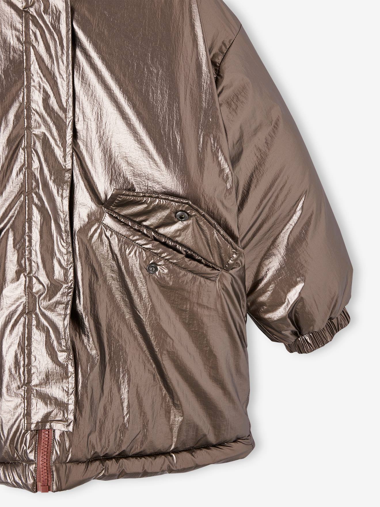 Parka à capuche réversible effet métallisé ou doudoune fille argent