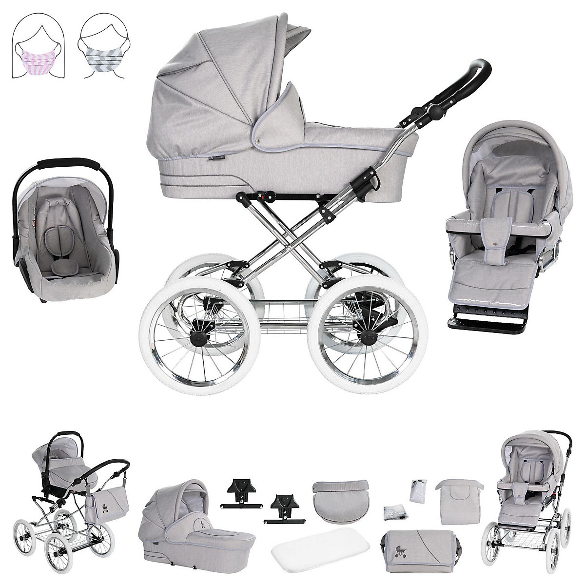 München | 3 in 1 Kombi Kinderwagen Komplettset | Nostalgie Kinderwagen Kombikinderwagen