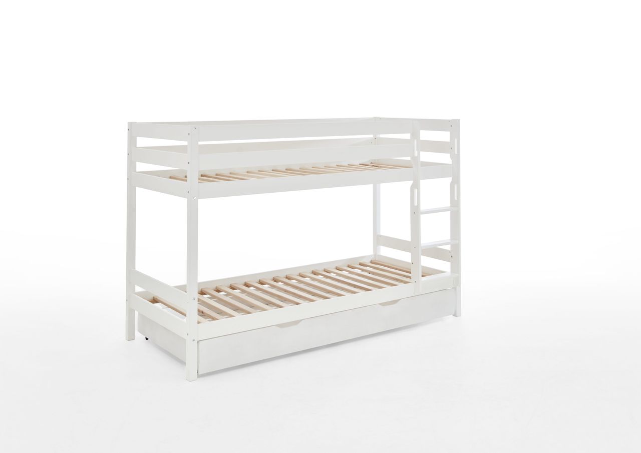 Relita Etagenbett Lupo mit 2 Liegeflächen 90 x 200 cm und Bettschublade, inkl. 2 Rolllattenroste, Buche massiv weiß lackiert