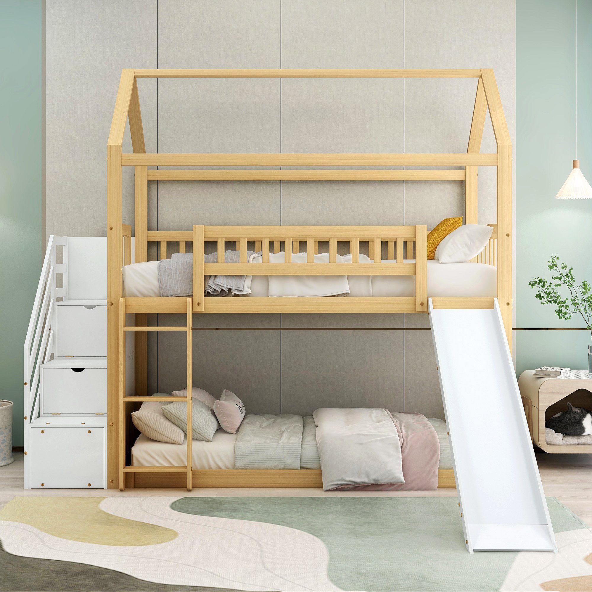 Gotagee Kinderbett Hausbett Kinderbett Etagenbett mit Treppe+Stauraum+Rutsche 90x200cm, Natur+Weiß