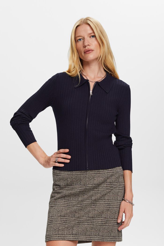 Rippstrick-Cardigan mit Zipper und Polokragen