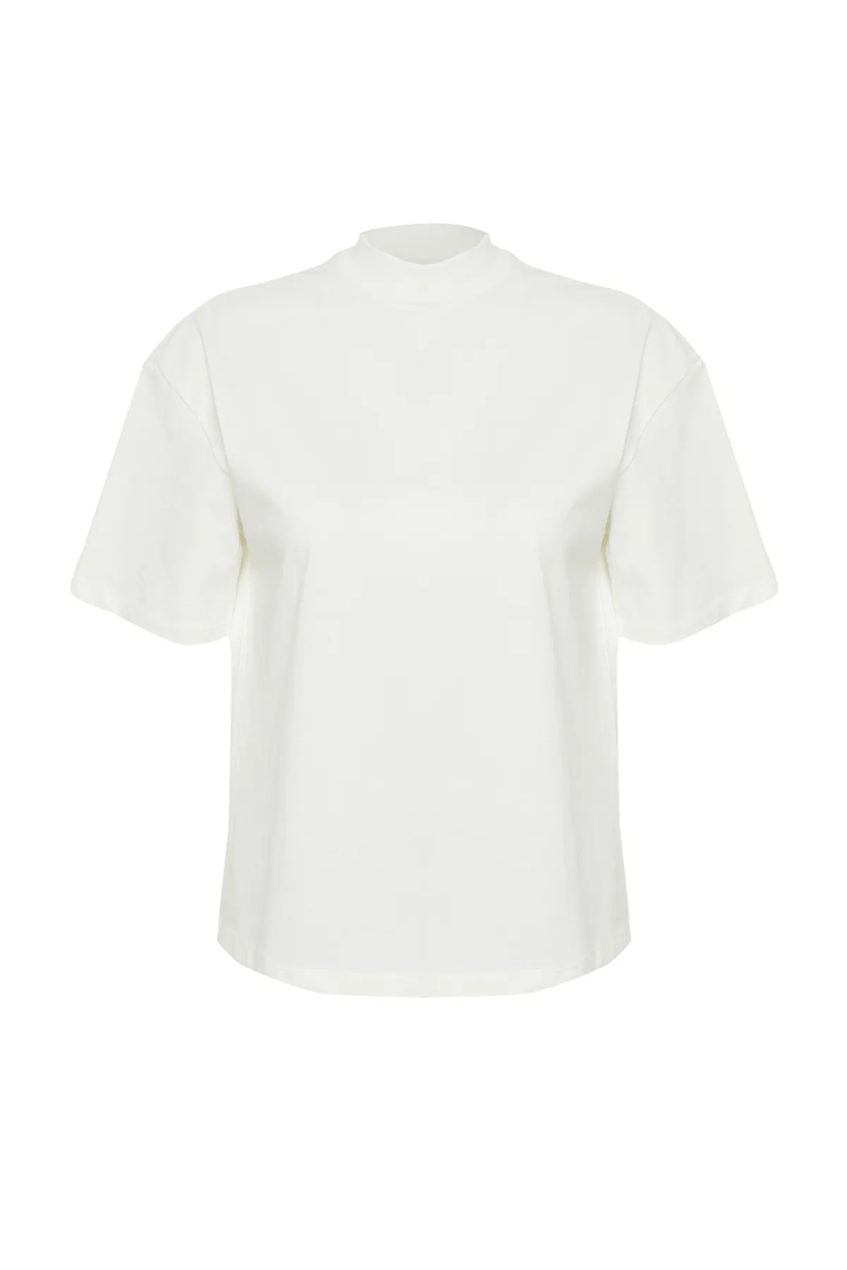 Trendyol Collection  Weißes Strick-T-Shirt aus 100 % Baumwolle mit Stehkragen und dreiviertellangen Ärmeln TWOSS24TS00074