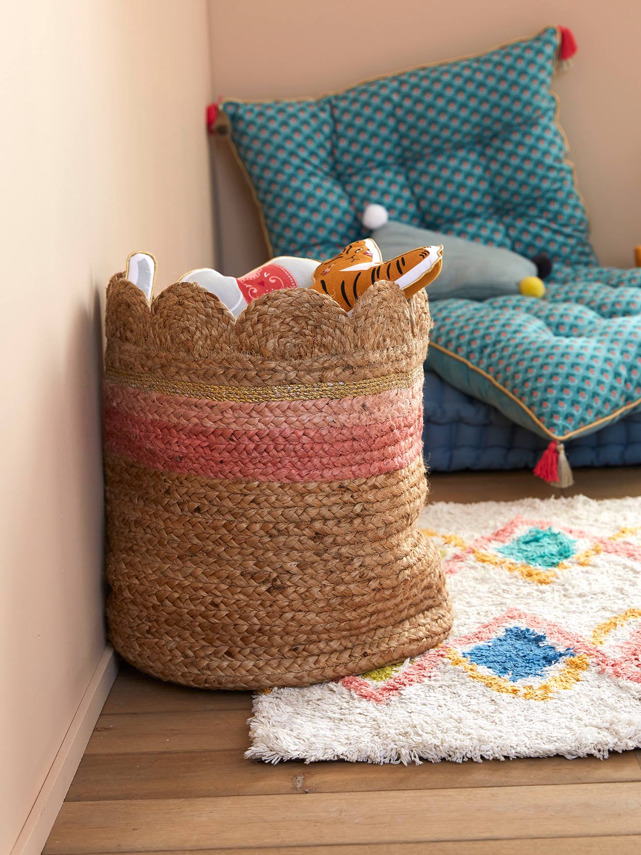 Panier en jute festonné Fiore osier/rose