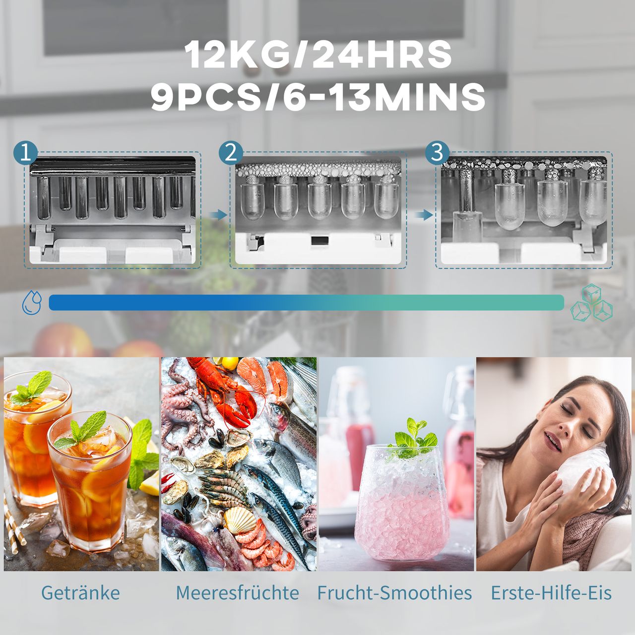 HOMCOM Eiswürfelmaschine Ice Maker 9 Würfel in 6-13 Minuten fertig 12 KG in 24 H