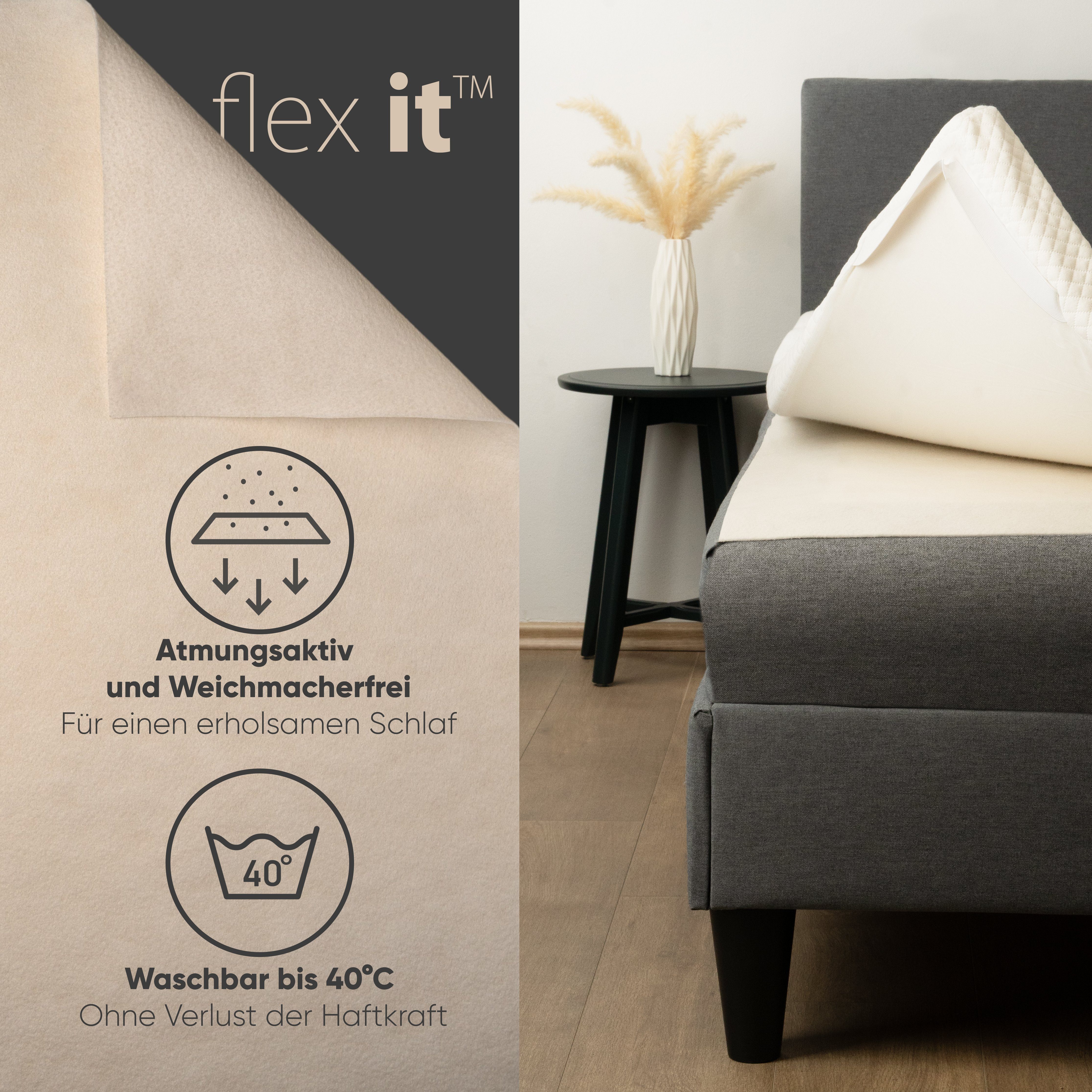 Matratzenschoner Anti Rutsch für Topper, flex it® Antirutschmatte für Boxspringbett flex it, Allergikergeeignet, Frei von Lösungsmitteln und Weichmachern
