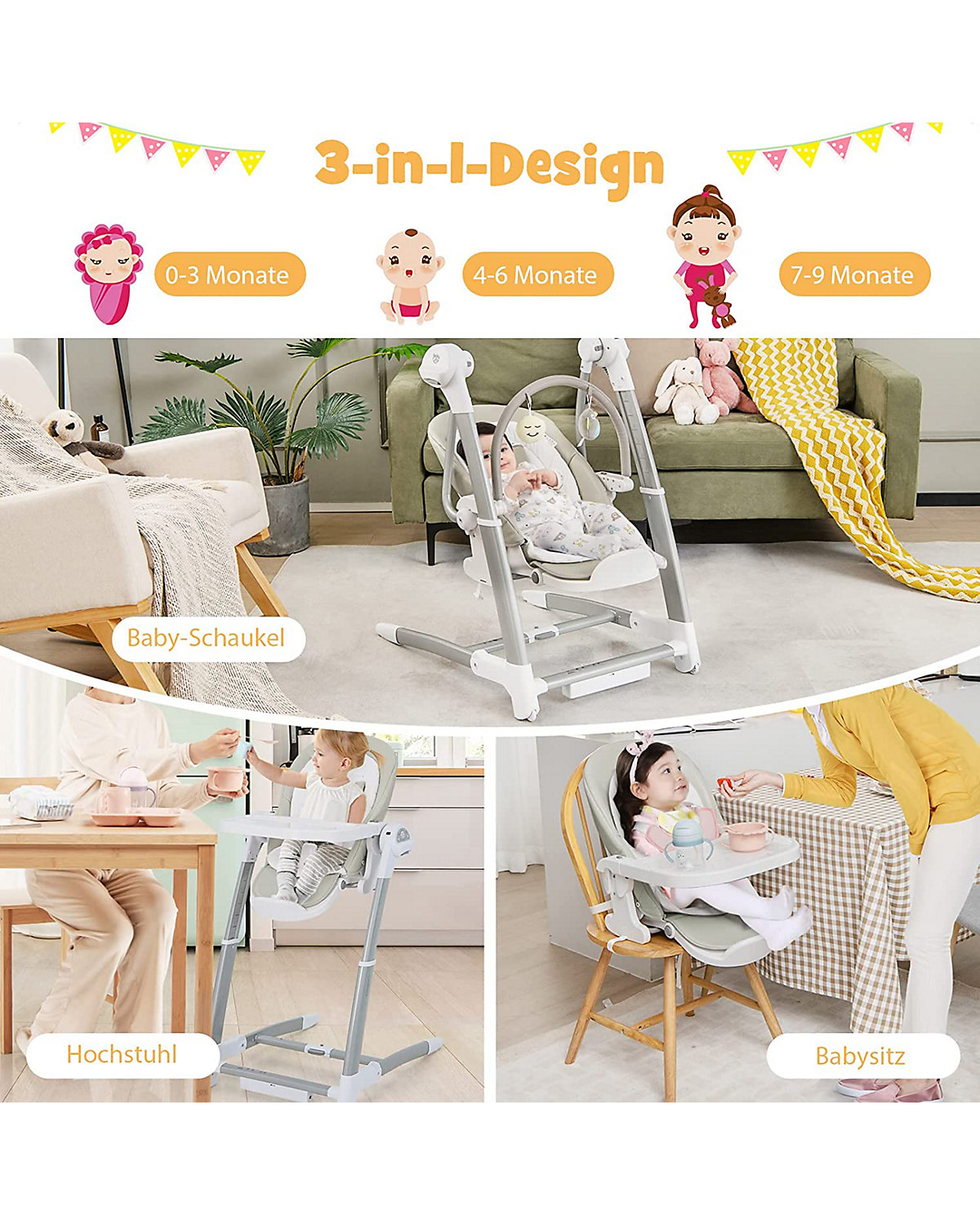 3 in 1 Babywippe elektrisch Hochstuhl mit Timer Musik Rädern