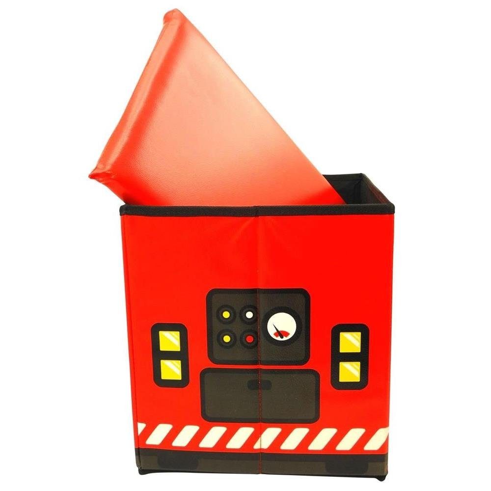 BIECO Spielzeugtruhe, Aufbewahrungsbox mit Deckel, gepolsterter Sitzhocker, faltbar, Motiv: Feuerwehr, 46l, 49 x 31 x 31 cm