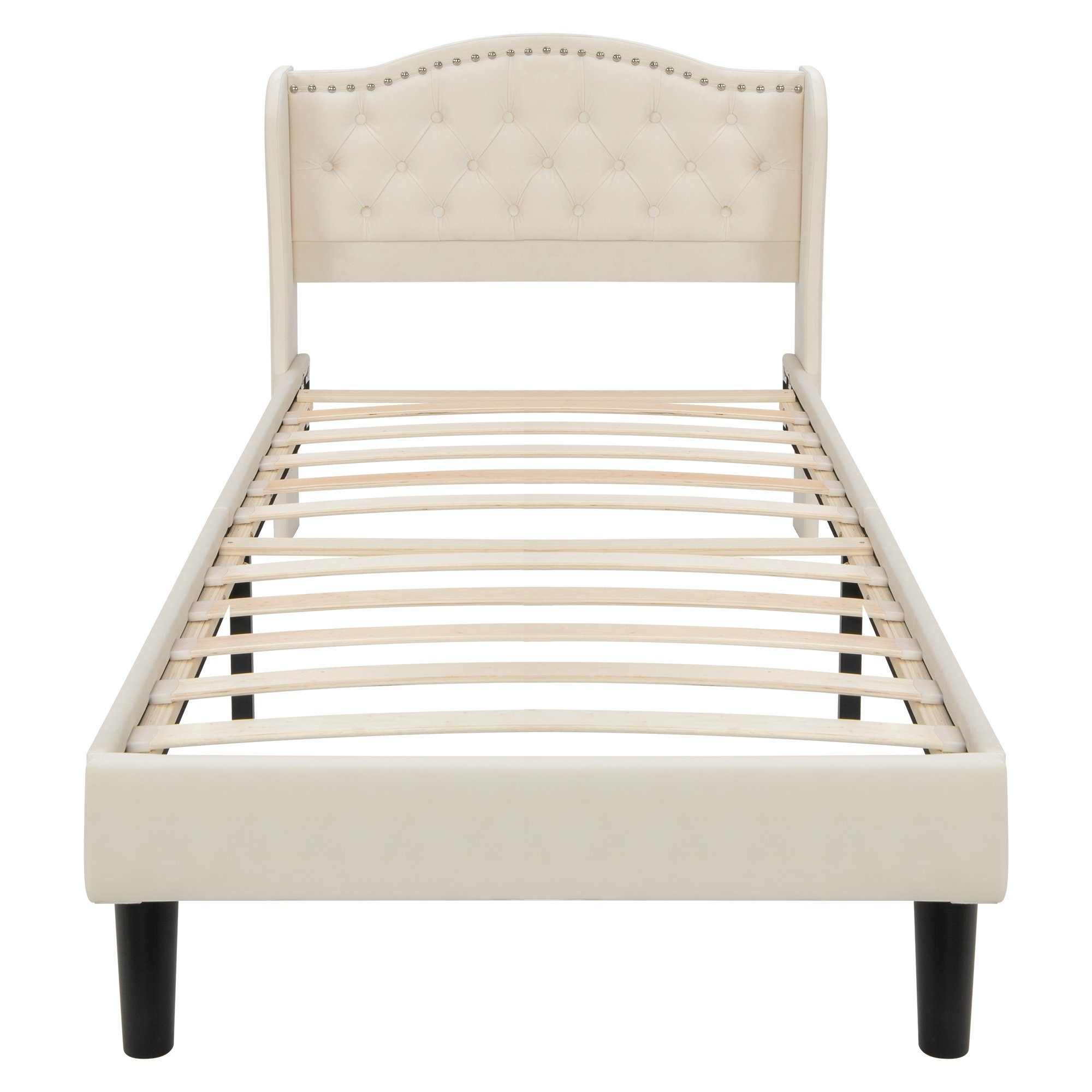 Flieks Polsterbett, Samt Einzelbett mit Polsterkopfteil und Lattenrost 90x200cm Beige