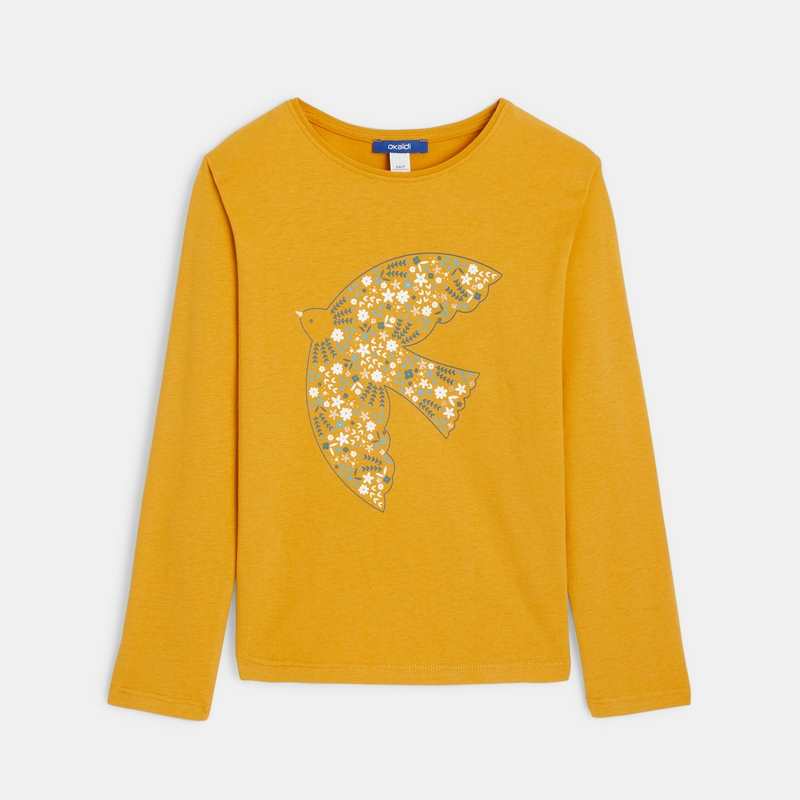 T-shirt manches longues motif colombe jaune fille