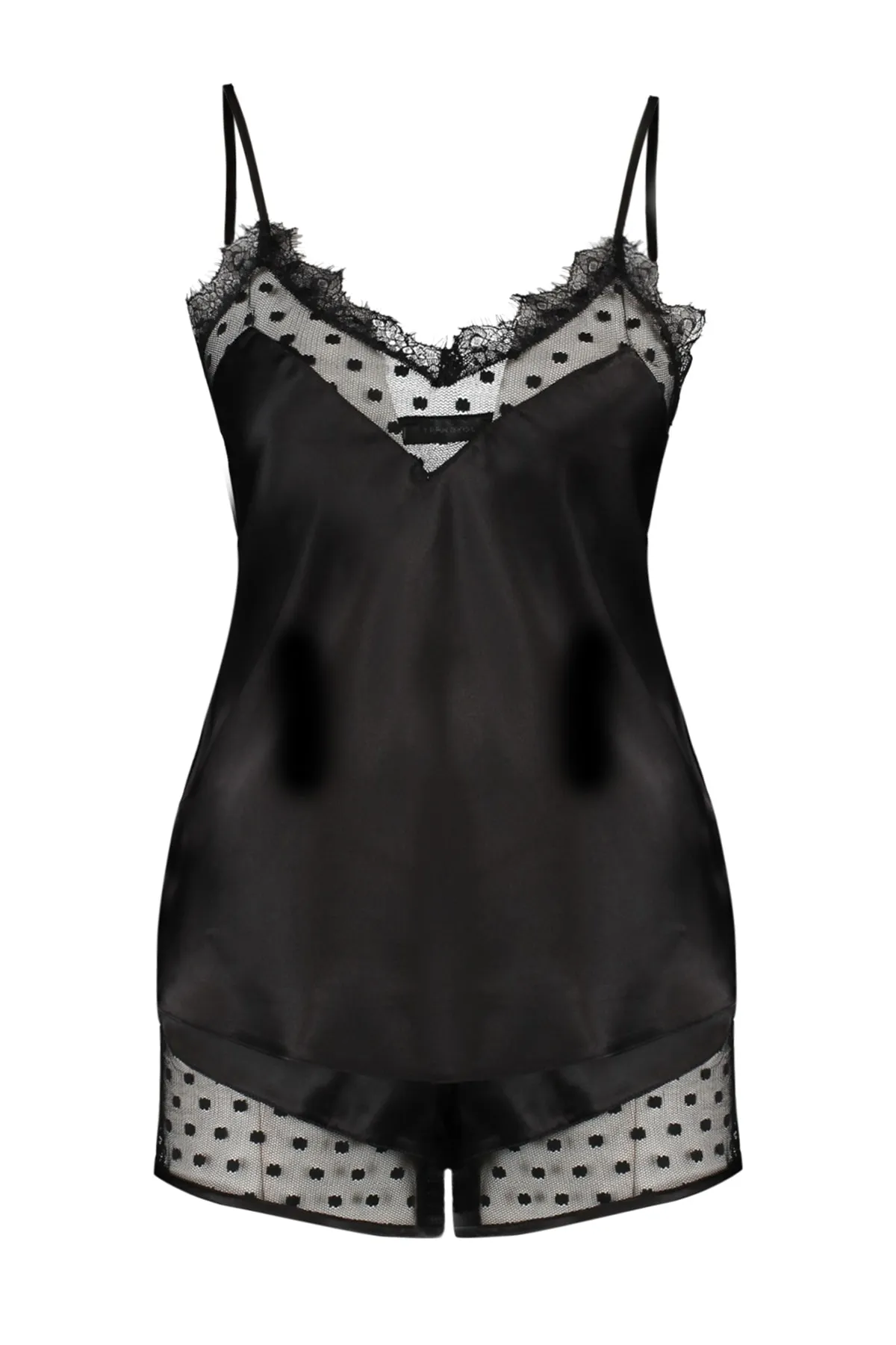 Trendyol Collection  Schwarzes Pyjama-Set aus gewebtem Satin mit Tülldetails und Seilträgern THMSS22PT0632