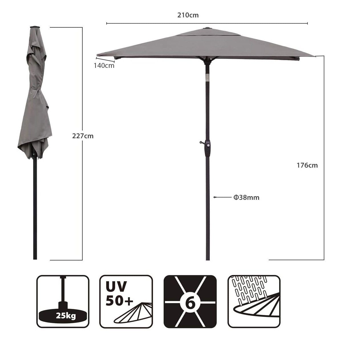 Sekey Sonnenschirm Aluminum Sonnenschirm Rechteckig 210 x 140cm Knickbar Gartenschirm, LxB: 210,00x140,00 cm, Marktschirm mit Kurbel, für Garten, Balkon, Terasse, Sonnenschutz UPF50+