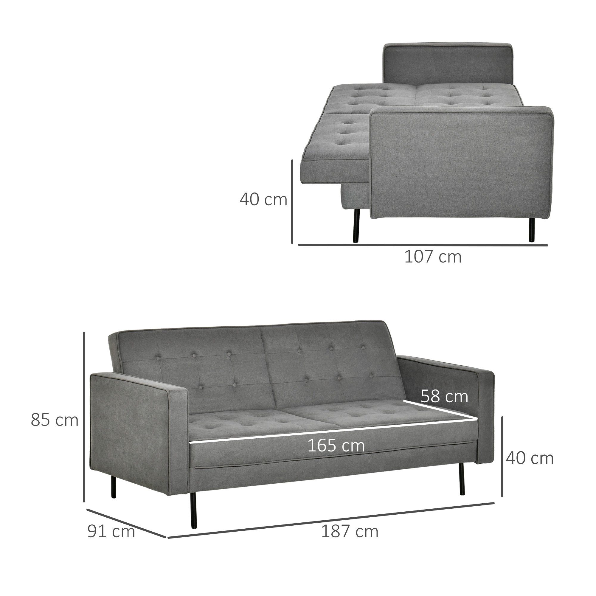 HOMCOM Schlafsofa Schlafsofa, Set 1 Teile, Schlafsofa 3-Sitzer verstellbarer Bettsofa Grau