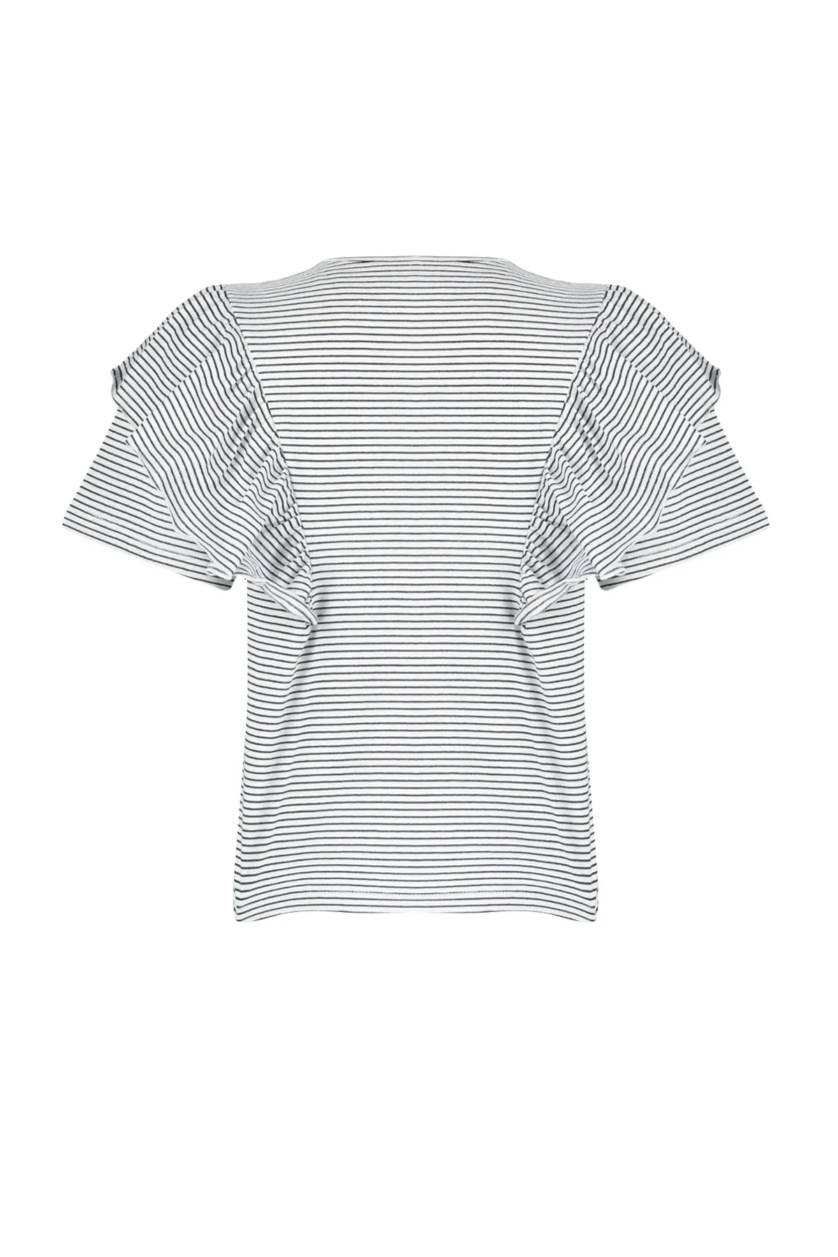 Trendyol Collection  Schwarzes Strick-T-Shirt mit Rüschenärmeln, regulärer/normaler Passform, gestreiftem Rundhalsausschnitt TWOSS24TS00061