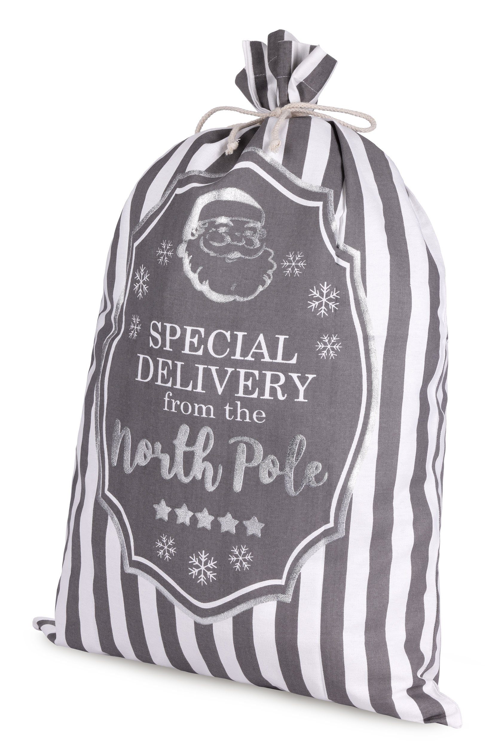 BRUBAKER Aufbewahrungstasche Weihnachtssack Special Delivery from the North Pole - Weiß Grau (80 cm Geschenksack Weihnachten, 1-tlg., Weihnachtsmann Post), Nikolaussack Sack Baumwolle mit Kordel zum Verpacken
