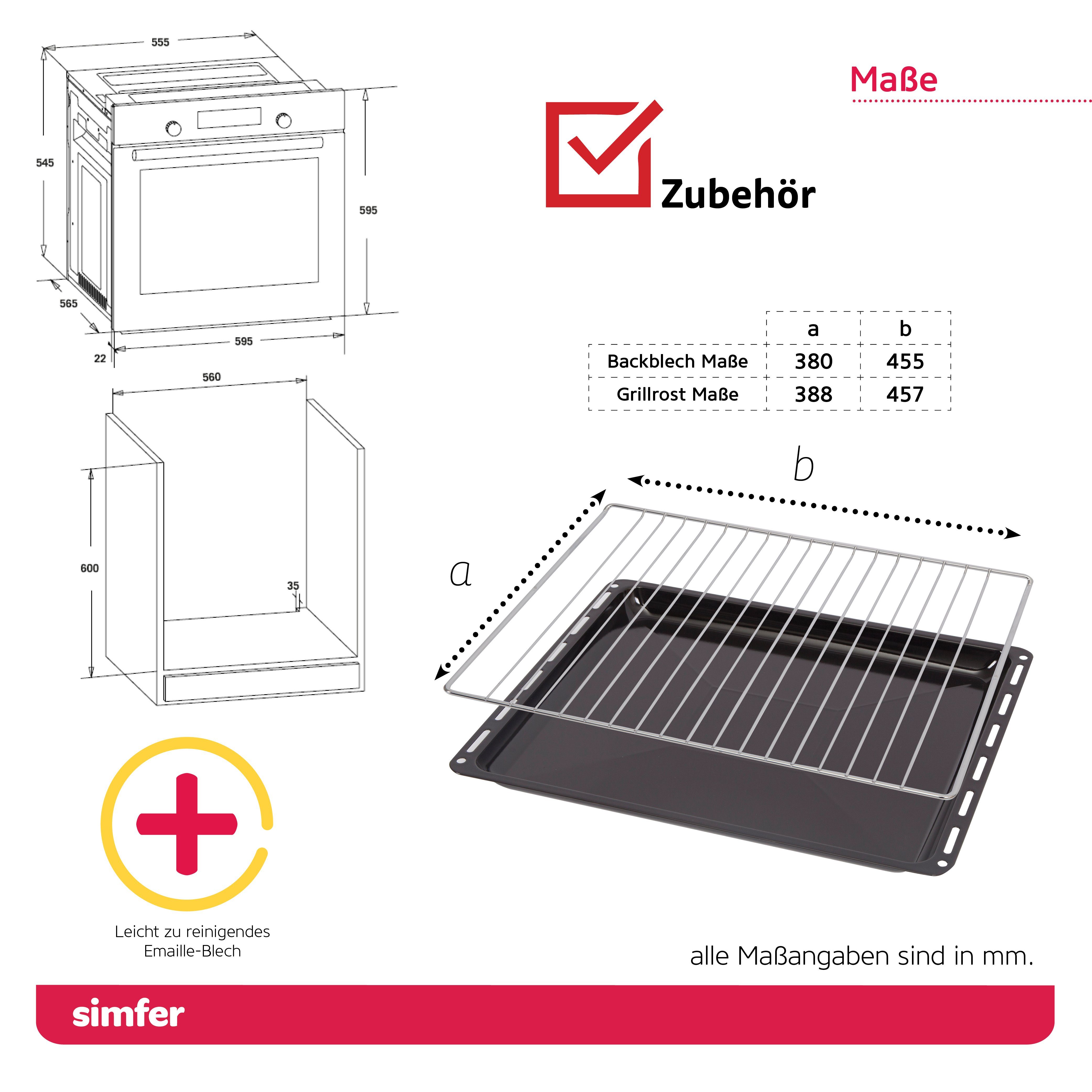 Simfer Elektro-Herd-Set SMF-CS 3024 Einbau Herd-Set, 60 cm, 66 Liter, mit Teleskopauszug nachrüstbar, SteamClean, Glaskeramik-Kochfeld, 4 Funktionen, Grillfunktion, Seitengitter