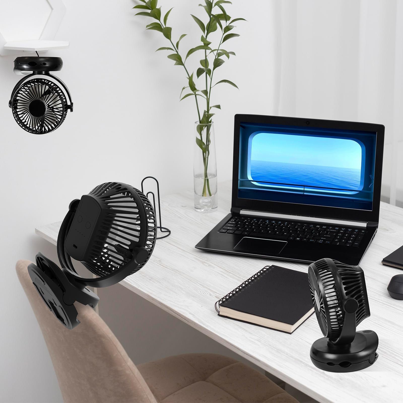 ZMH Mini USB-Ventilator 4 Geschwindigkeiten 10000mAh Akku 360° Drehung Schwarz, Mit integrierten Klammer und dem klappbaren Haken