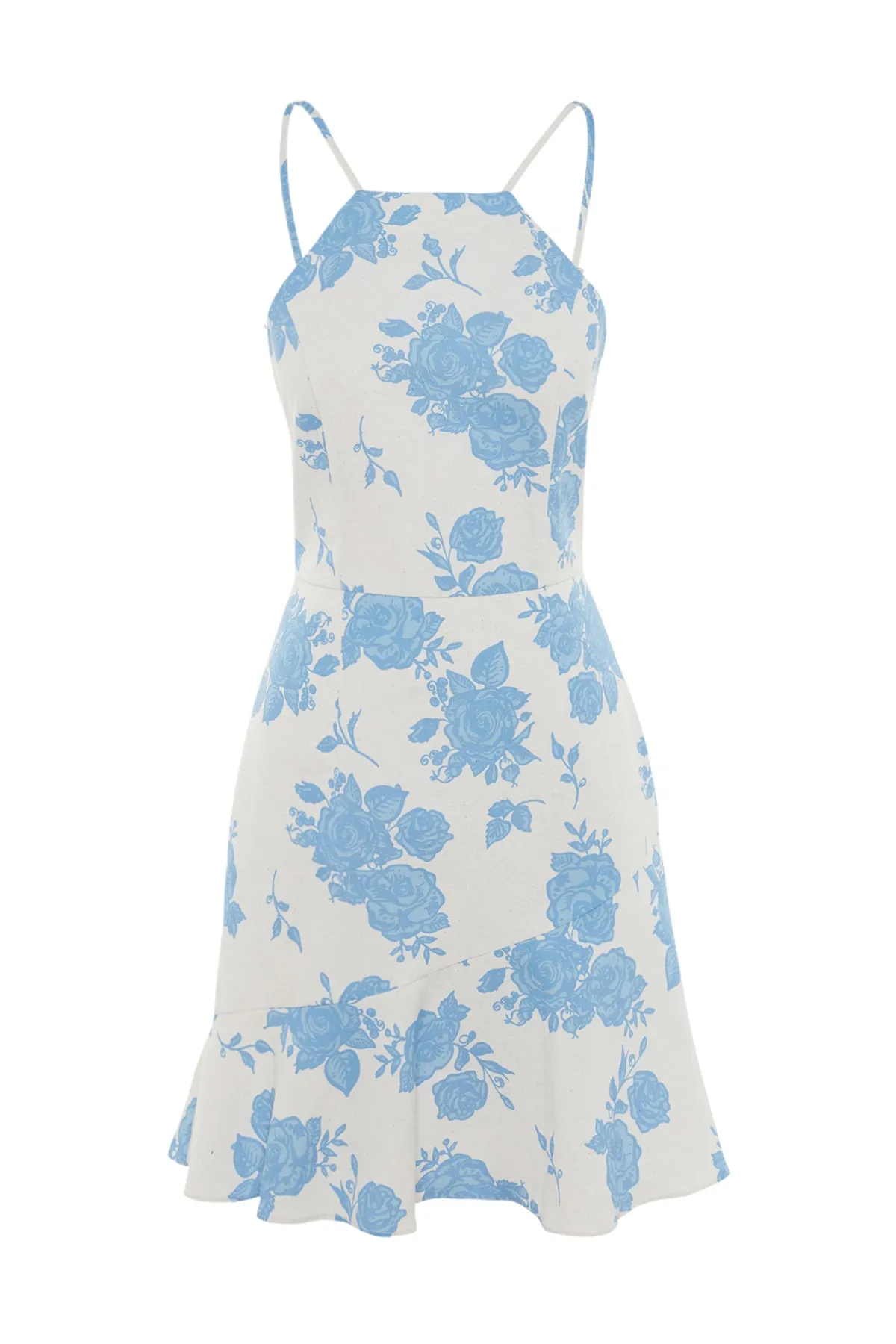 Trendyol Collection  Blaues, gemustertes, gewebtes Minikleid mit Neckholder und Taille TWOSS23EL00565