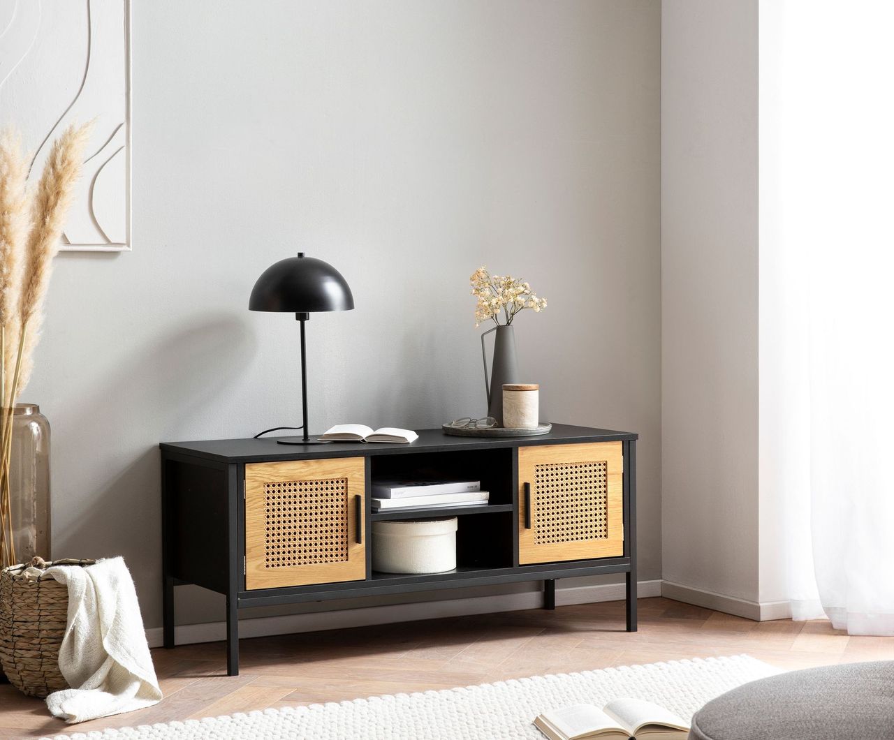 Wohnling Lowboard 110 cm TV Schrank Holz Schwarz Fernsehkommode Wiener Geflecht