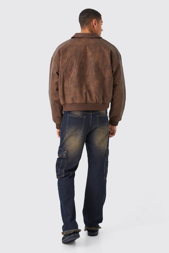 Kastige geprägte Vintage PU-Bomberjacke mit Kragen