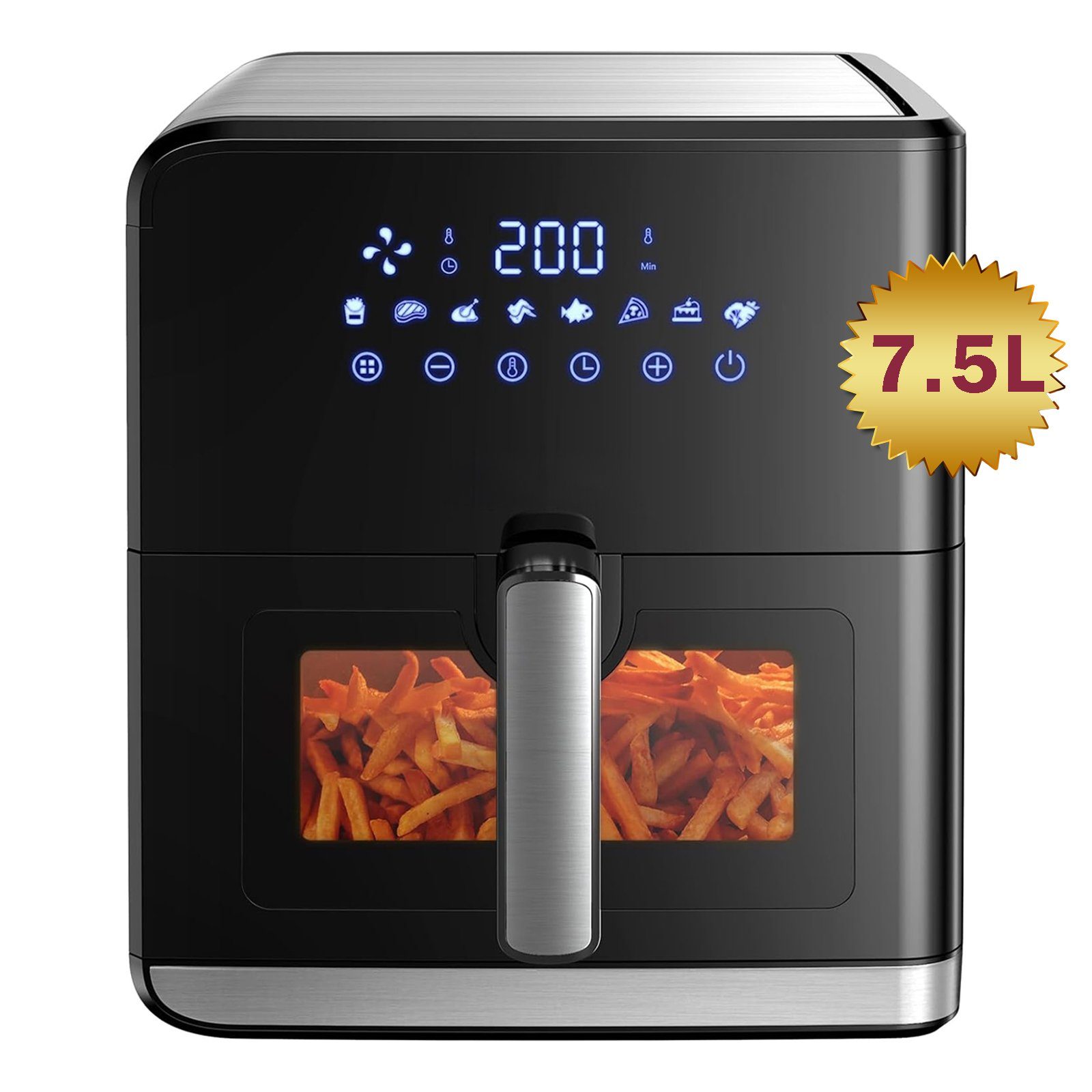 Sinaopus Heißluftfritteuse 7,5L Mini Backofen Airfryer XXL,8 Programmen, LED-Anzeige, 1700,00 W, Einstellbare Temperaturregelung, Sichtbares Sichtfenster