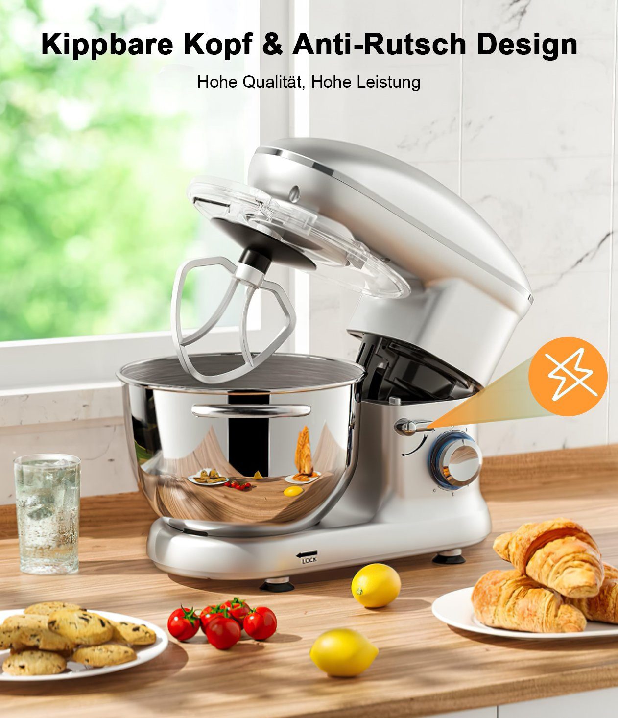 Mutoy Küchenmaschine Knetmaschine, 1400,00 W, 6,00 l Schüssel, 6 Geschwindigkeiten Geräuscharme Teigknetmaschine