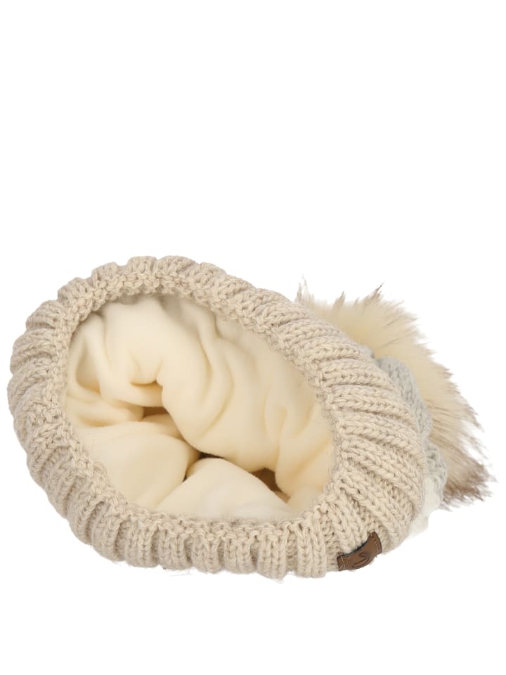 Faera Wintermütze warm gefüttert mit Kunstfell Bommel-Mütze in Beige günstig kaufen onesize