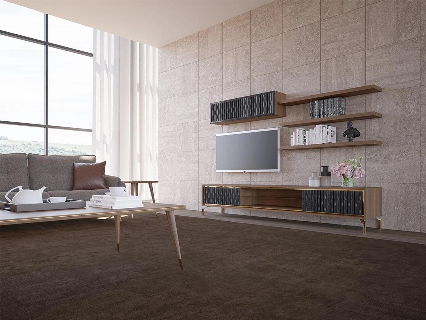 JVmoebel Wohnwand Komplett Wohnwand Wandschrank Holzmöbel Set 5tlg 3x Wandregale, (5-St., 1x TV-Ständer + 1x Wandschrank + 3x Wandregale), Made in Europa