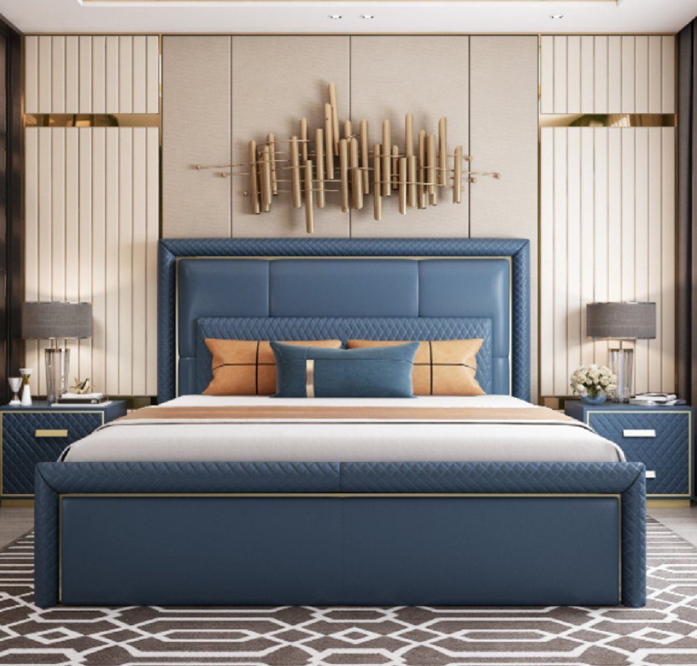JVmoebel Bett Blaues Schlafzimmer Bett Designer Doppelbetten Kunstlederbetten (1-tlg., Nur Bett), Made in Europa